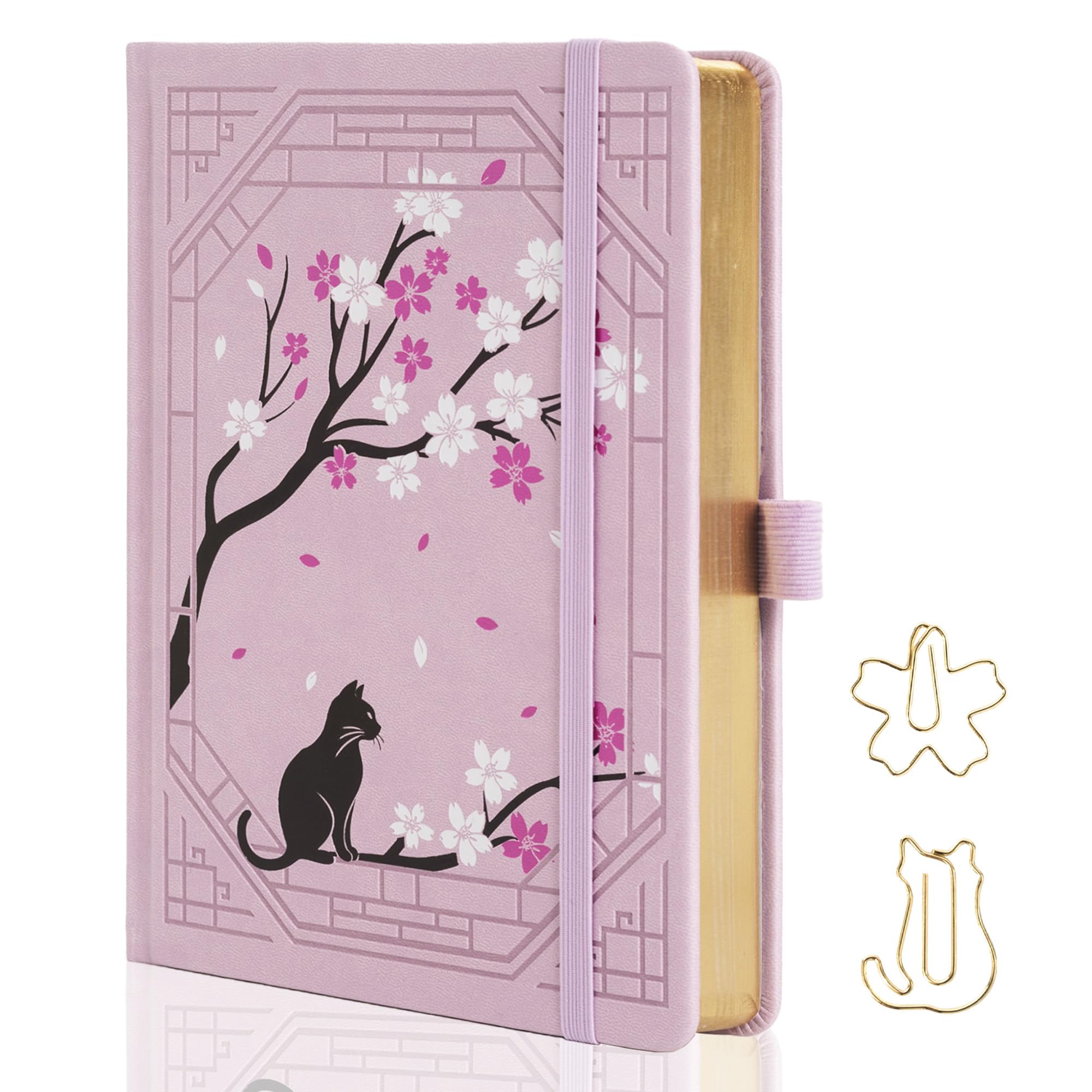 TIEFOSSI A5 Dotted Journal, Cute Cat Journal for Women Girls, Dot Notebook with Pretty Sakura Pattern, Aesthetic Diary for Writing Journaling Drawing, Golden Edges