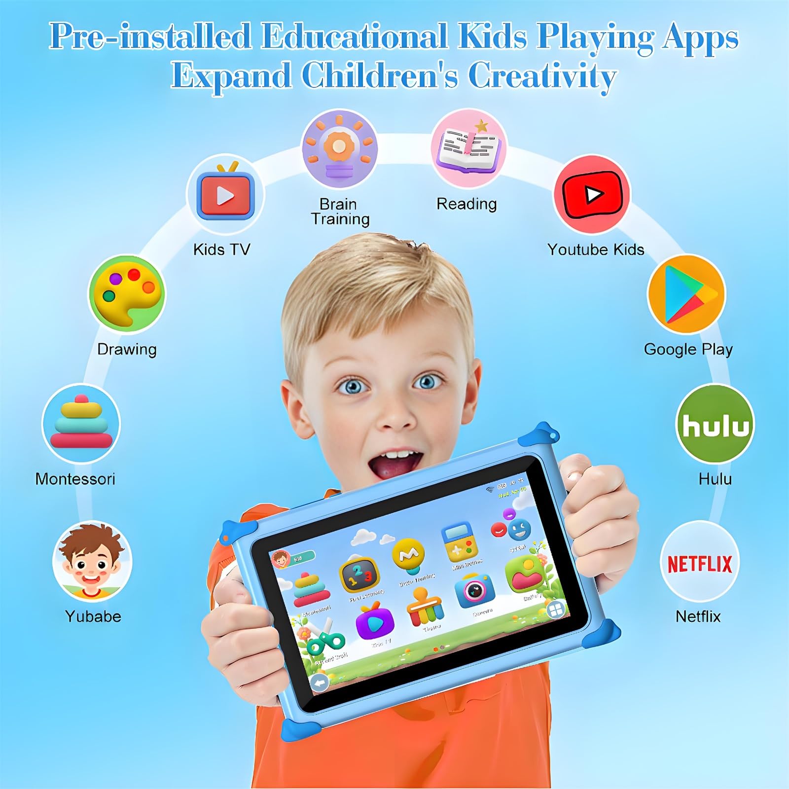 zcobro Tablet Educativo per Bambini 7 Pollici, Sistema Android, Protezione Luce Blu, Limite Tempo Schermo, Memoria Espandibile, App Montessori, Tablet Infantile Regalo con Custodia Protettiva Blu