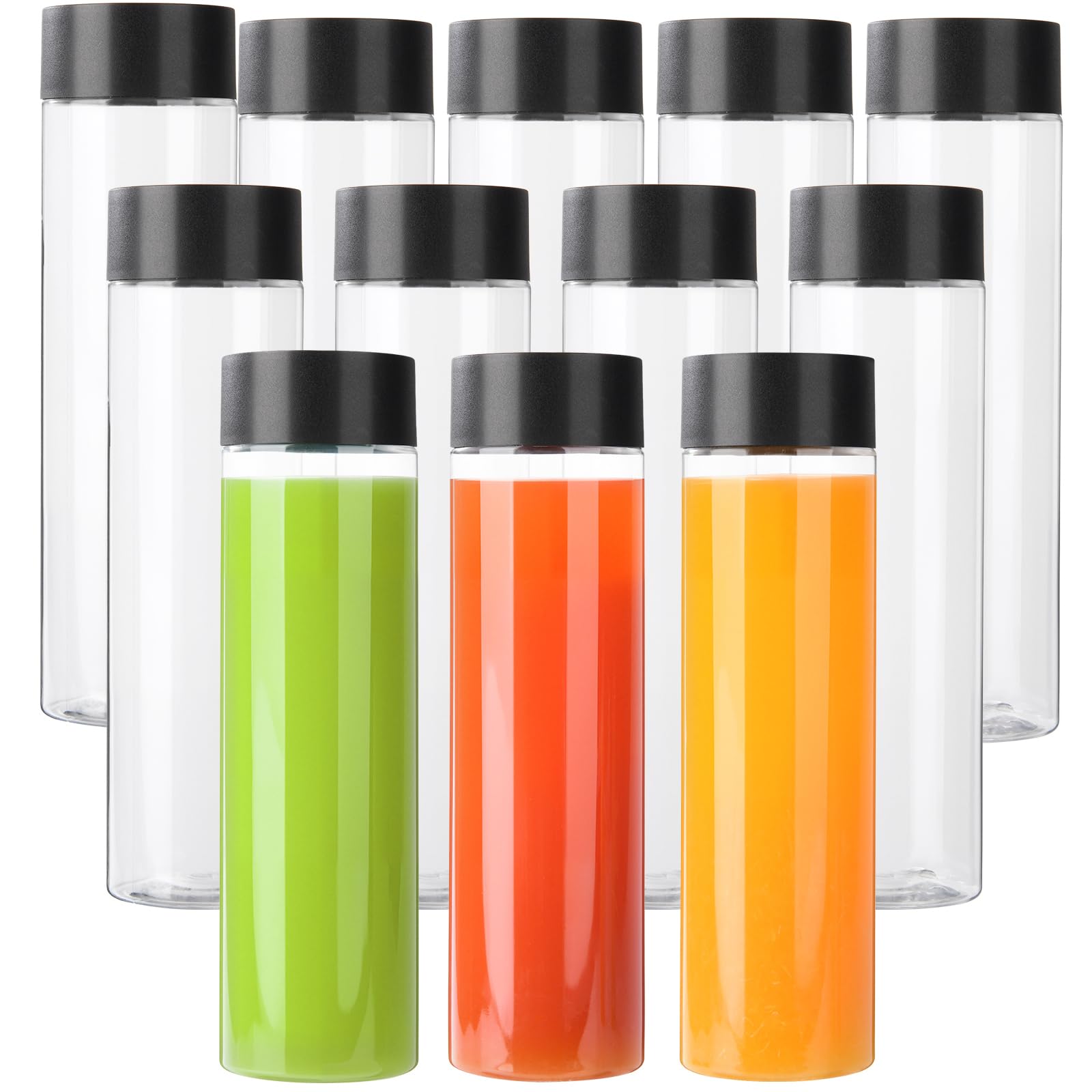 12 Pack 13.6 OZ (400 ml) Clear PET Plastic Juice Bottles With Black Lids Smoothie Ideal For Milk and Other Beverage