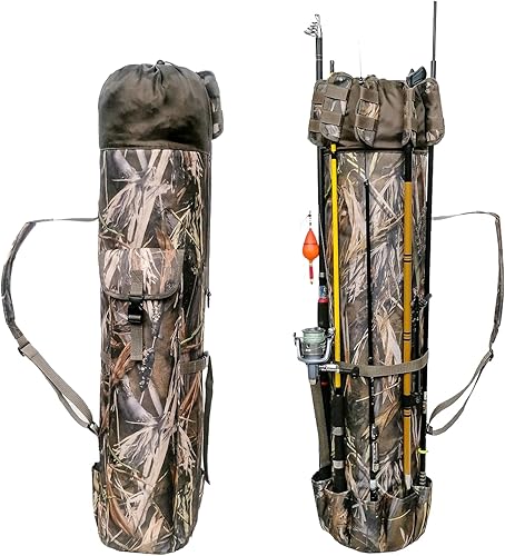 Allnice Bolsa organizadora de lona duradera para caña de pescar y carrete, bolsa de transporte de viaje, con capacidad para 5 postes y aparejos