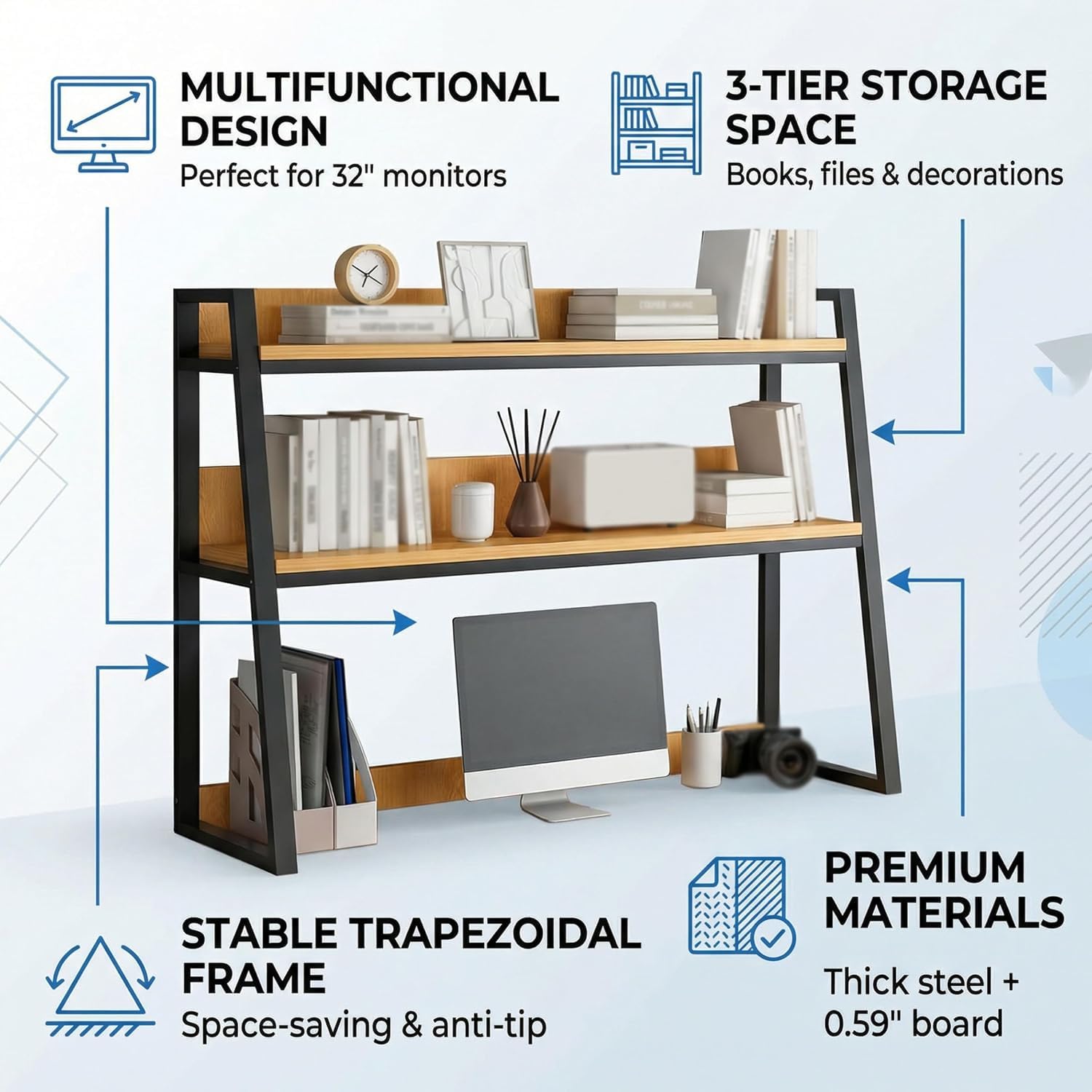 Scaffale organizer da scrivania, libreria trapezoidale a 3 livelli con struttura in metallo e ripiano in legno, scaffale salvaspazio per ufficio, dormitorio, studio, nero (75CM)