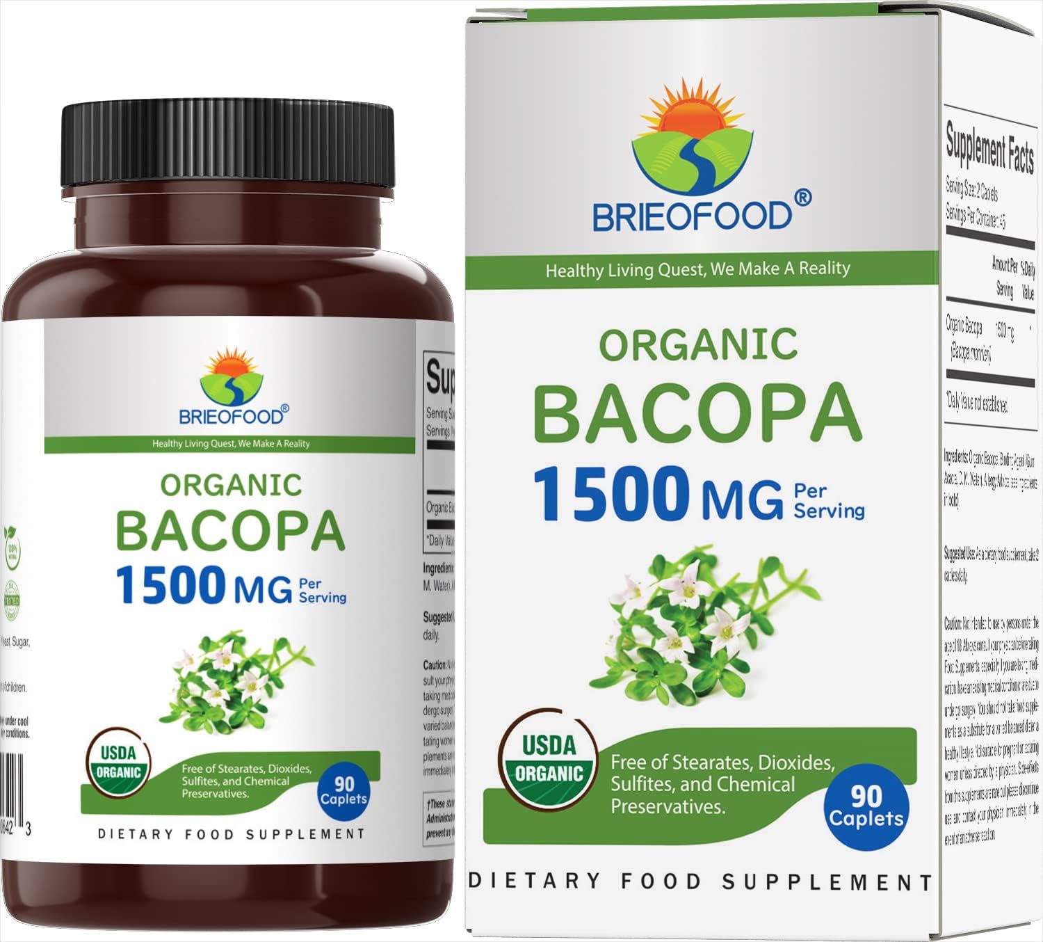 Brieofood Organic Bacopa 1500mg, 45 Servings, Vegetarian, Gluten Free, 90 Vegetarian Tabletsโฆ