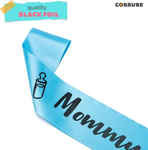 Miniatura 6 de CORRURE Banda para baby shower para niño, banda con la frase "Mommy to Be" con hermosa cinta azul y texto de aluminio negro, ideal para revelación