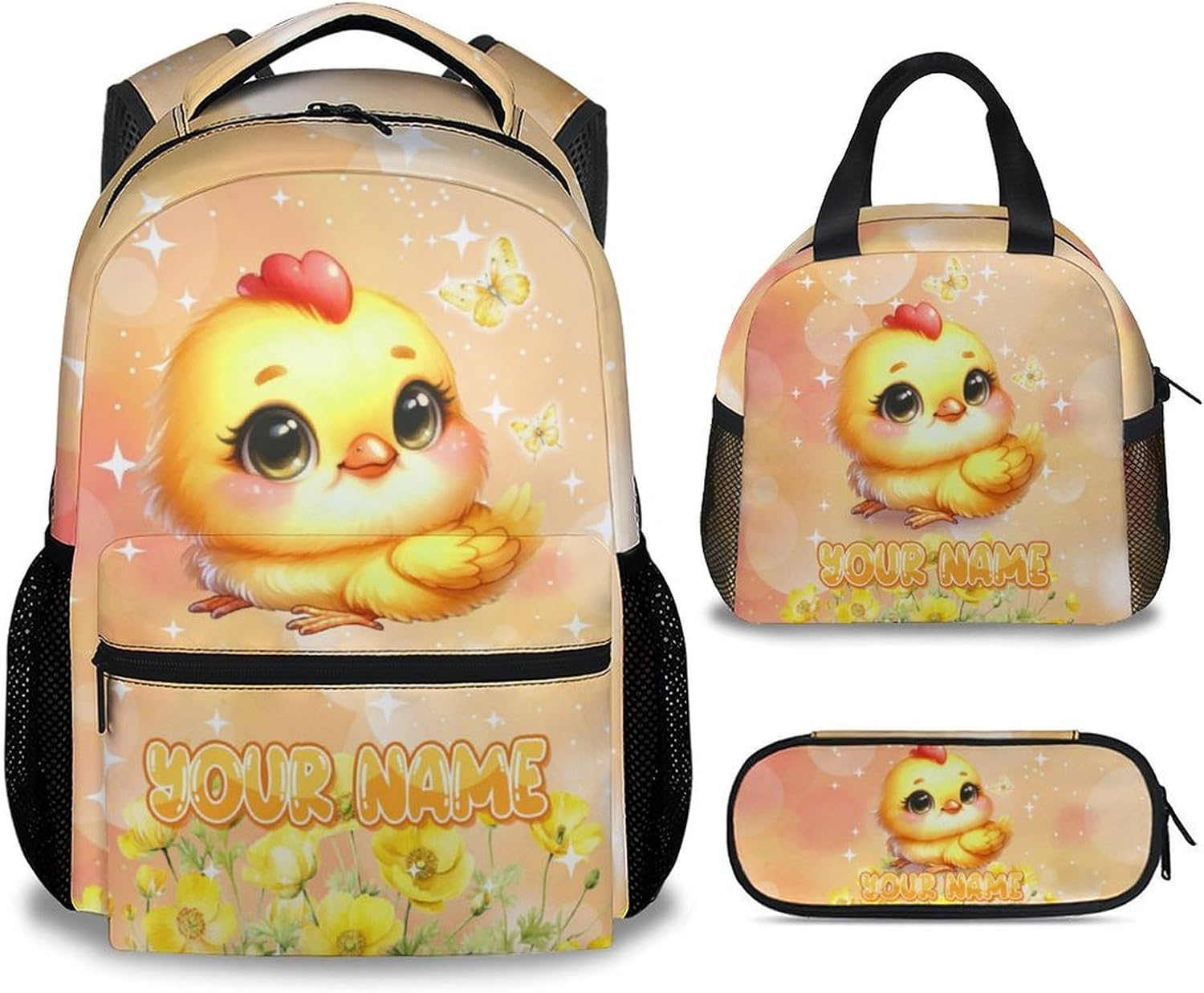Custom Chicken Backpack with Lunch Box, 3PCS Kids School Backpacks Matching Combo for Middle School, Personalized Funny Bookbag and Pencil Pouch Bundle