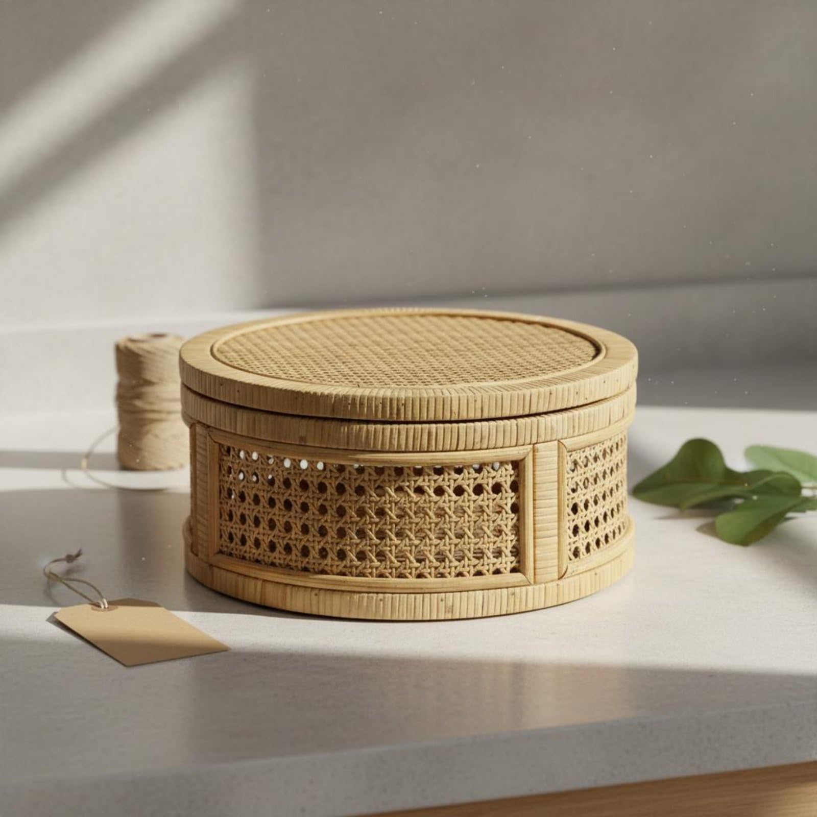 Cestino Portatutto Cestino Intrecciato Scatola Rotonda Scatola con Coperchio Organizer per Ordine Domestico Traspirante Artigianale in Rattan, L