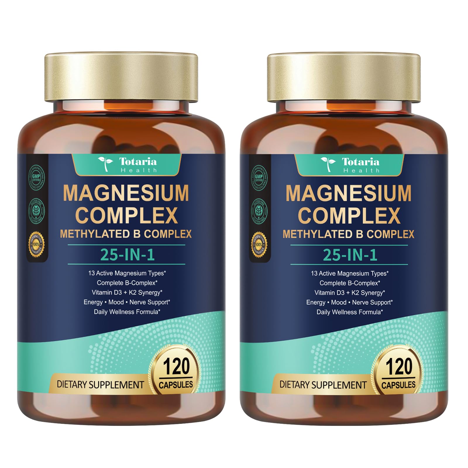 25-in-1 Magnesium Complex w/Methylated B Complex Women Men, 2 Bottles 120 Count (Pack of 2)
