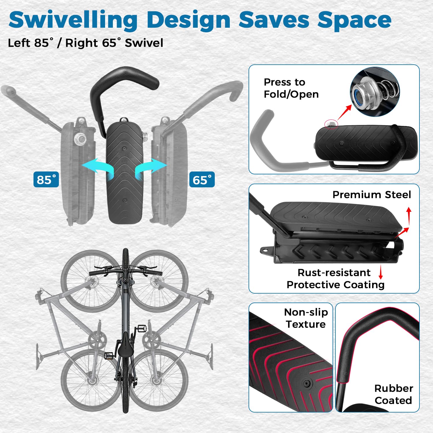 Support Vélo Mural Pivotant, Porte Vélo Mural pour Garage, Crochet Accroche Vélo Mural Robuste 30kg, Gain de Place, Facile à Installer – VTT, Vélo de Route et Ville - 4