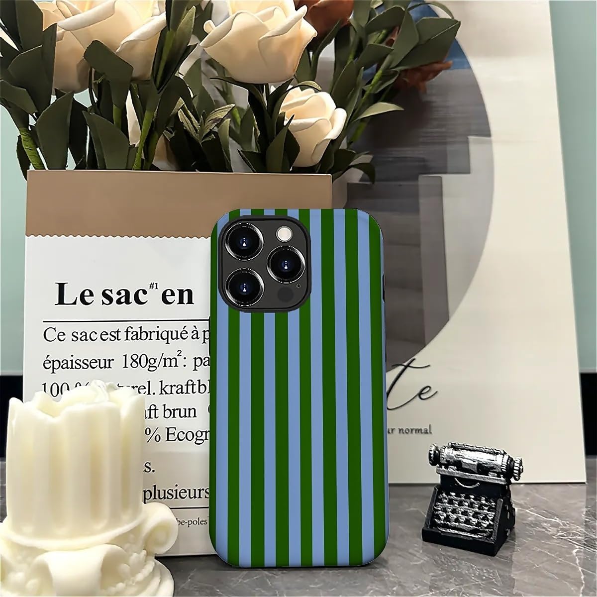 Compatible with iPhone 16 Pro Max Matte Case, Green and Blue Stripes Geometric Vertical Line Pattern for Girl Full Body Design Soft Silicone Drop Shock Scratch Protection - Image 5