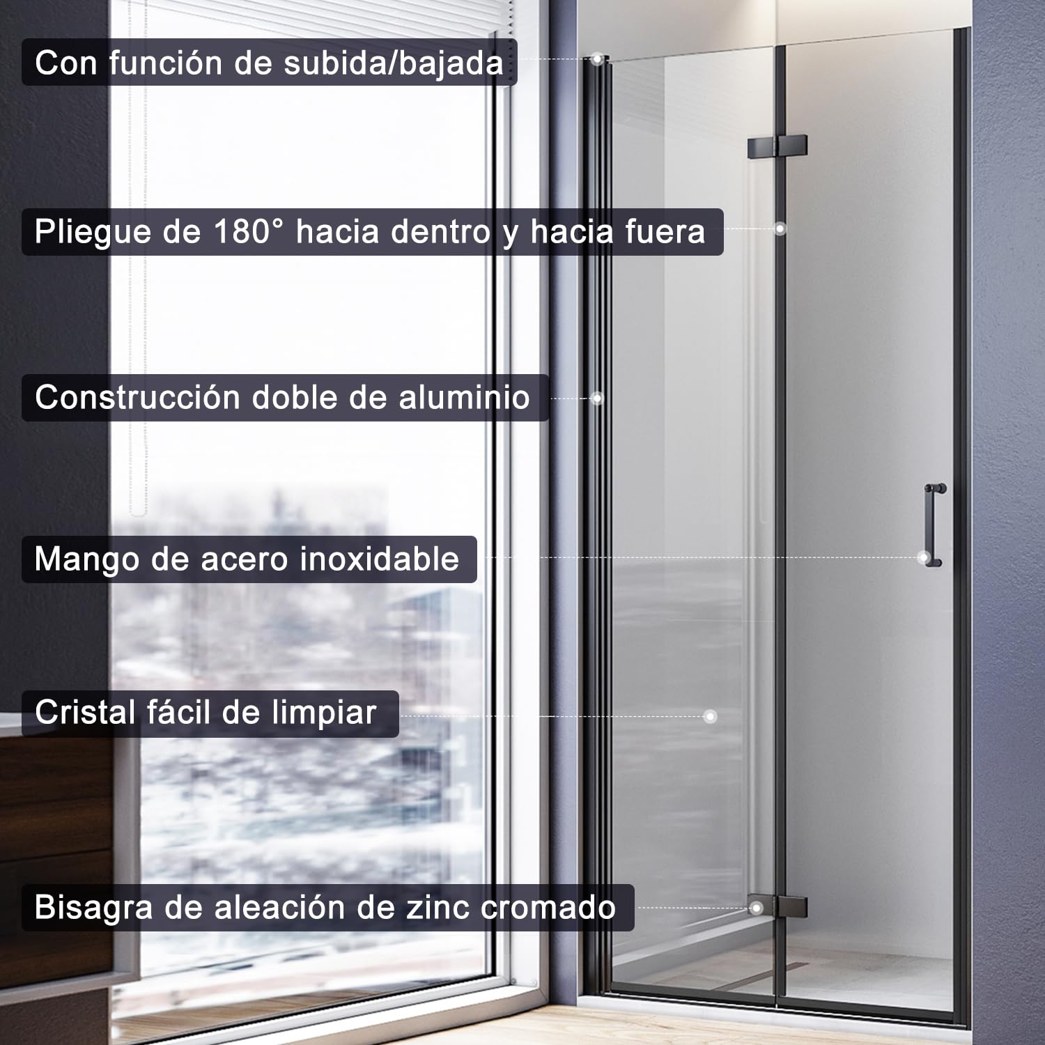 Sonni Mamparas de Ducha Frontales Negras Puerta Plegable 90x195 cm, Cristal ESG Templado de 6mm con Recubrimiento Nano