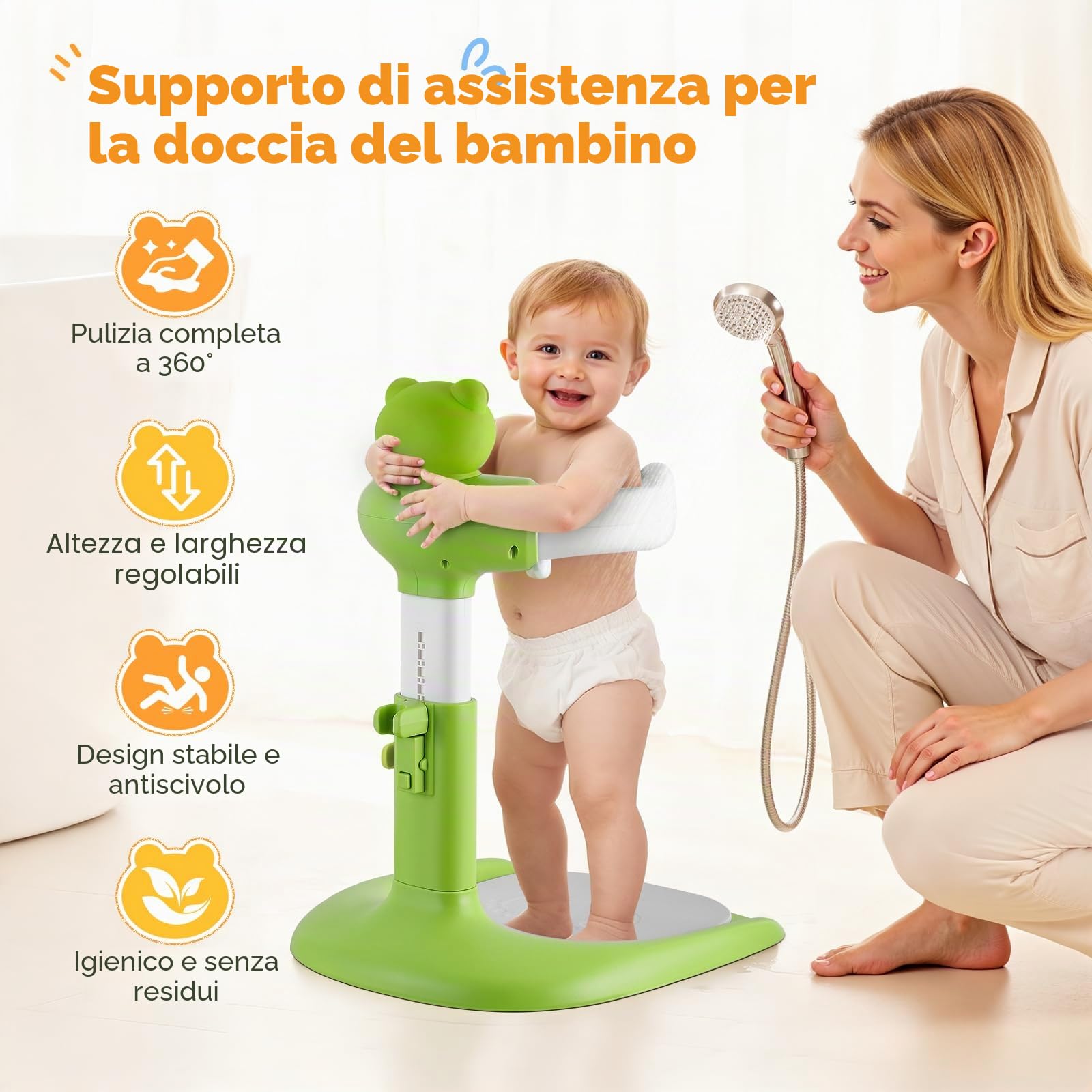 Supporto Doccia Bambini in Piedi, Supporto per Doccia Bambini Regolabile con Sedile e Base Antiscivol, Supporti per Vasca da Bagno per Bambini, Supporti Doccia Bambini dai 6 ai 36 Mesi (Rana)