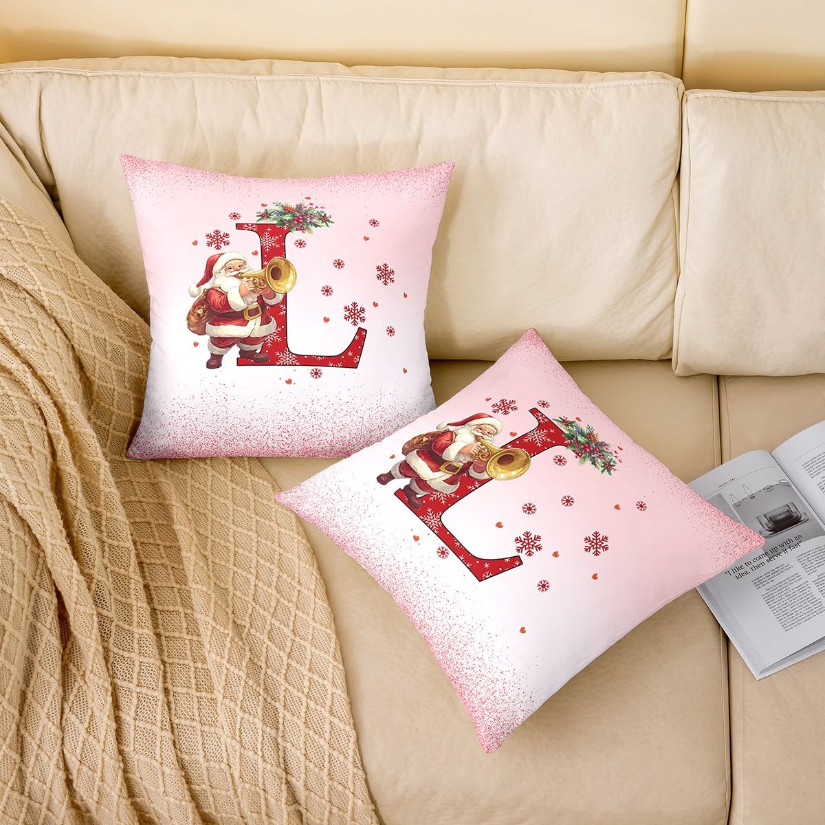 Homemissing Juego de 4 fundas de almohada con temática navideña rosa para niños, 50 x 50 cm, con iniciales del alfabeto, letra L, para niños y niñas, copos de nieve, bonita decoración de Papá Noel