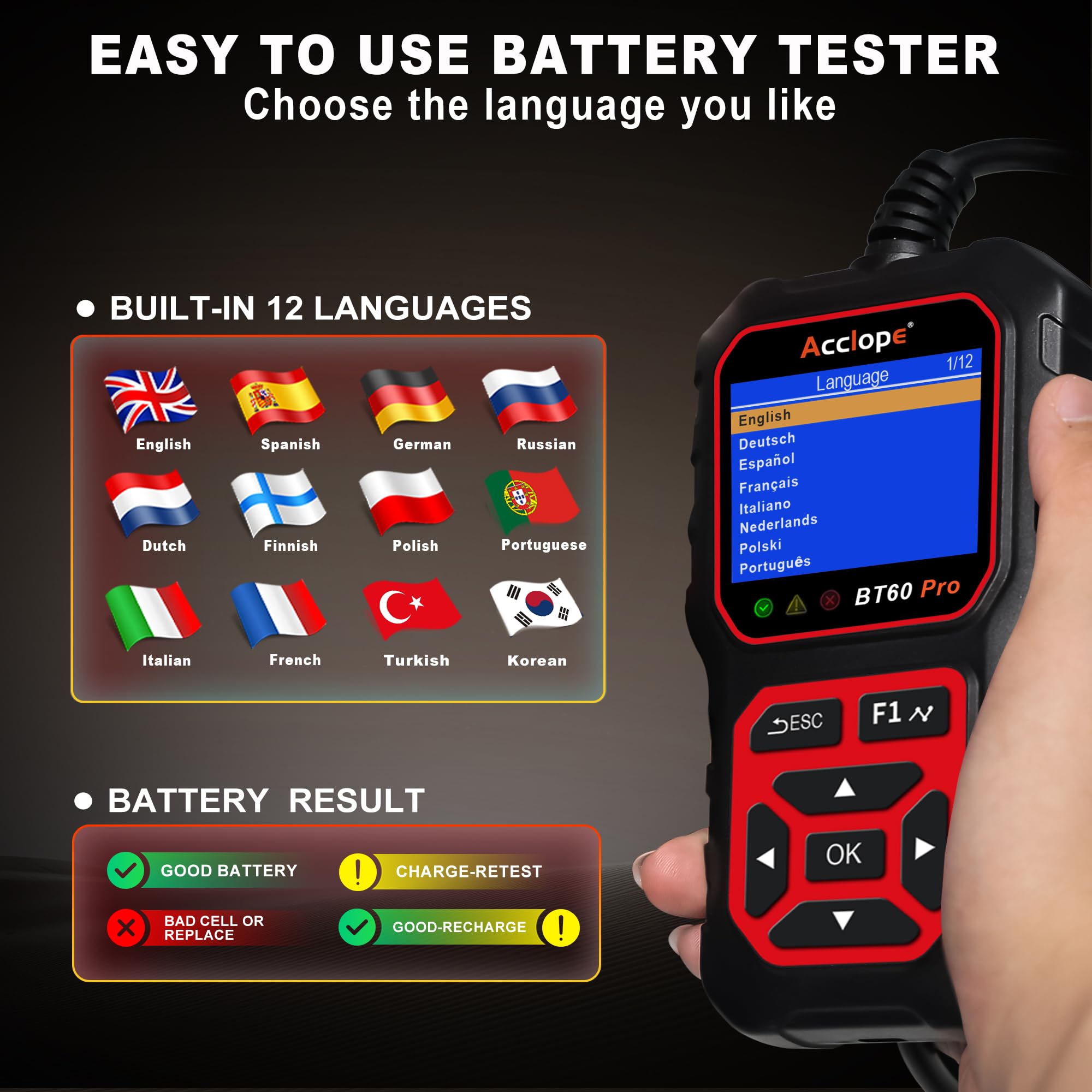 BT60 Pro Tester Digitale per Batterie Auto, CCA 100-3000, Analizzatore 6V 12V 24V, Sistema di Diagnostica Alternatore per Auto, Moto, Camion, Compatibile con AGM, Litio, Gel