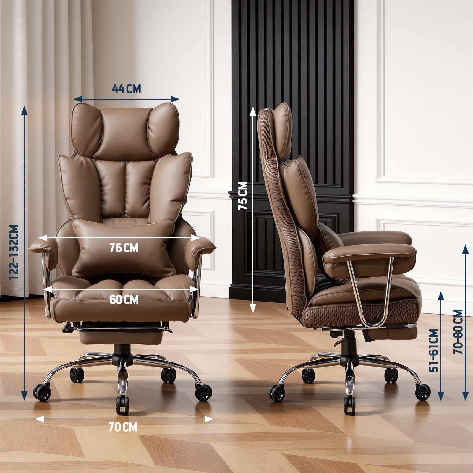 Efomao Fauteuil de Bureau Ergonomique Grande Taille, Chaise de Direction en Cuir PU avec Dossier Haut Réglable, Repose-Pieds et Soutien Lombaire, Fauteuil Pivotant pour Bureau