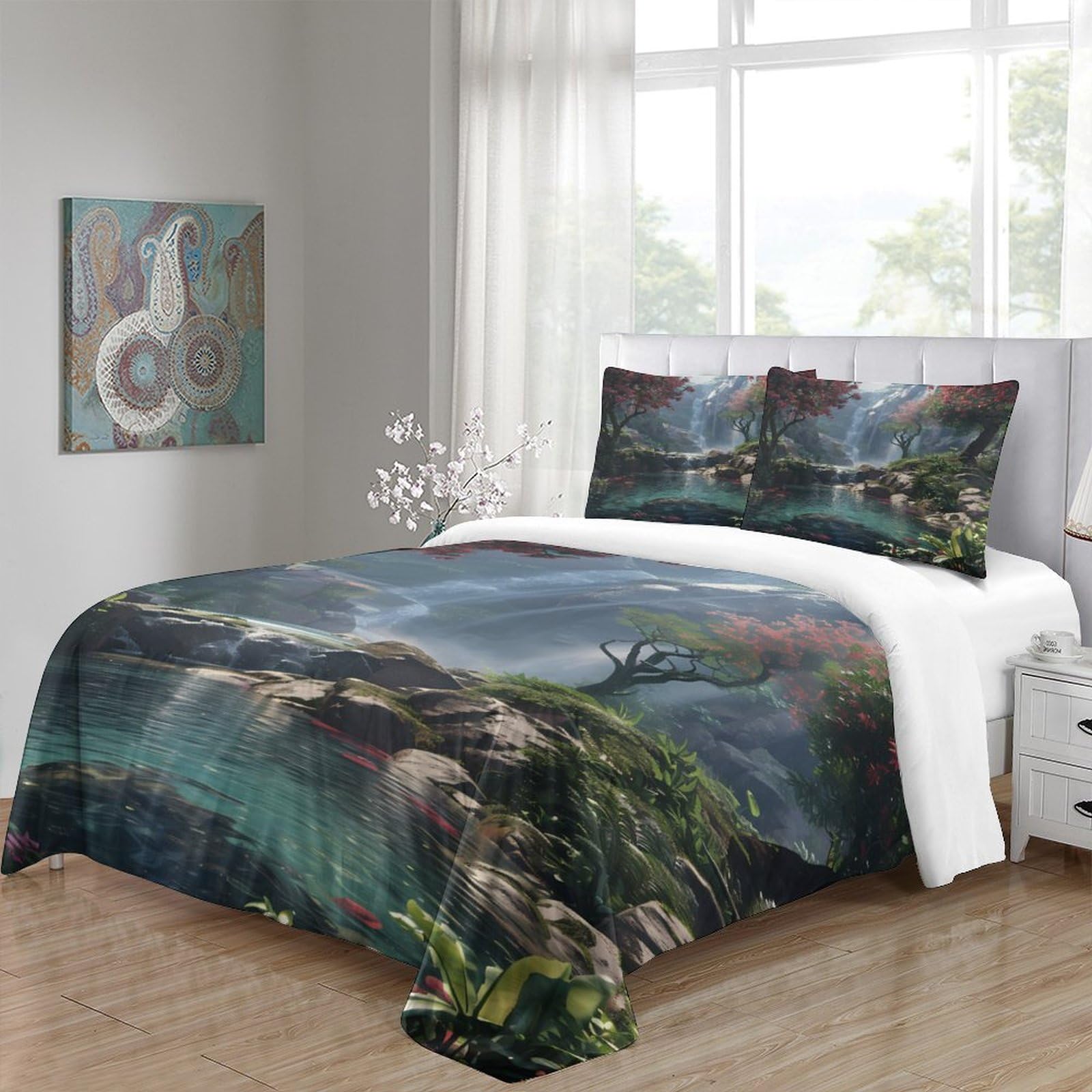 scena della cascata Impressione 3D 3 pz coperteletto natura fantasia arte fodera per edredone microfibra traspirante antiacari per bambini adolescenti adulti Super king（260x220cm）