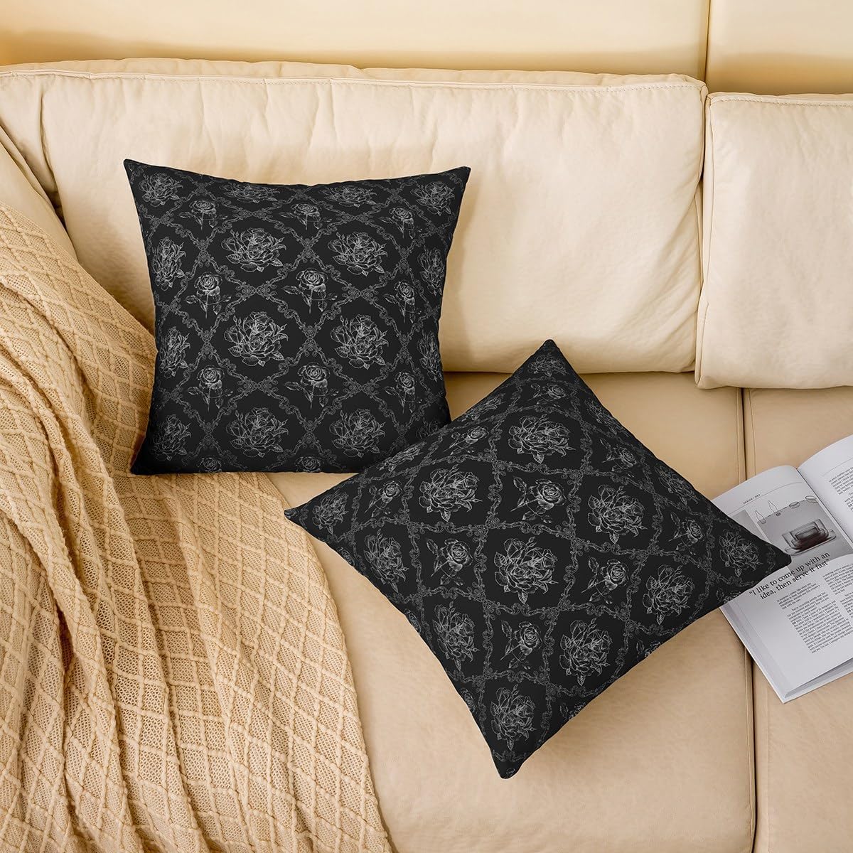 Feelyou Adults Gothic Throw Pillow Covers 24"x24" Set of 2 Soft Vintage Rose Decorative Throw Pillowcase Black White Damask Pillow Cases Cushion Covers Luxury Floral Flower Cushion Cases