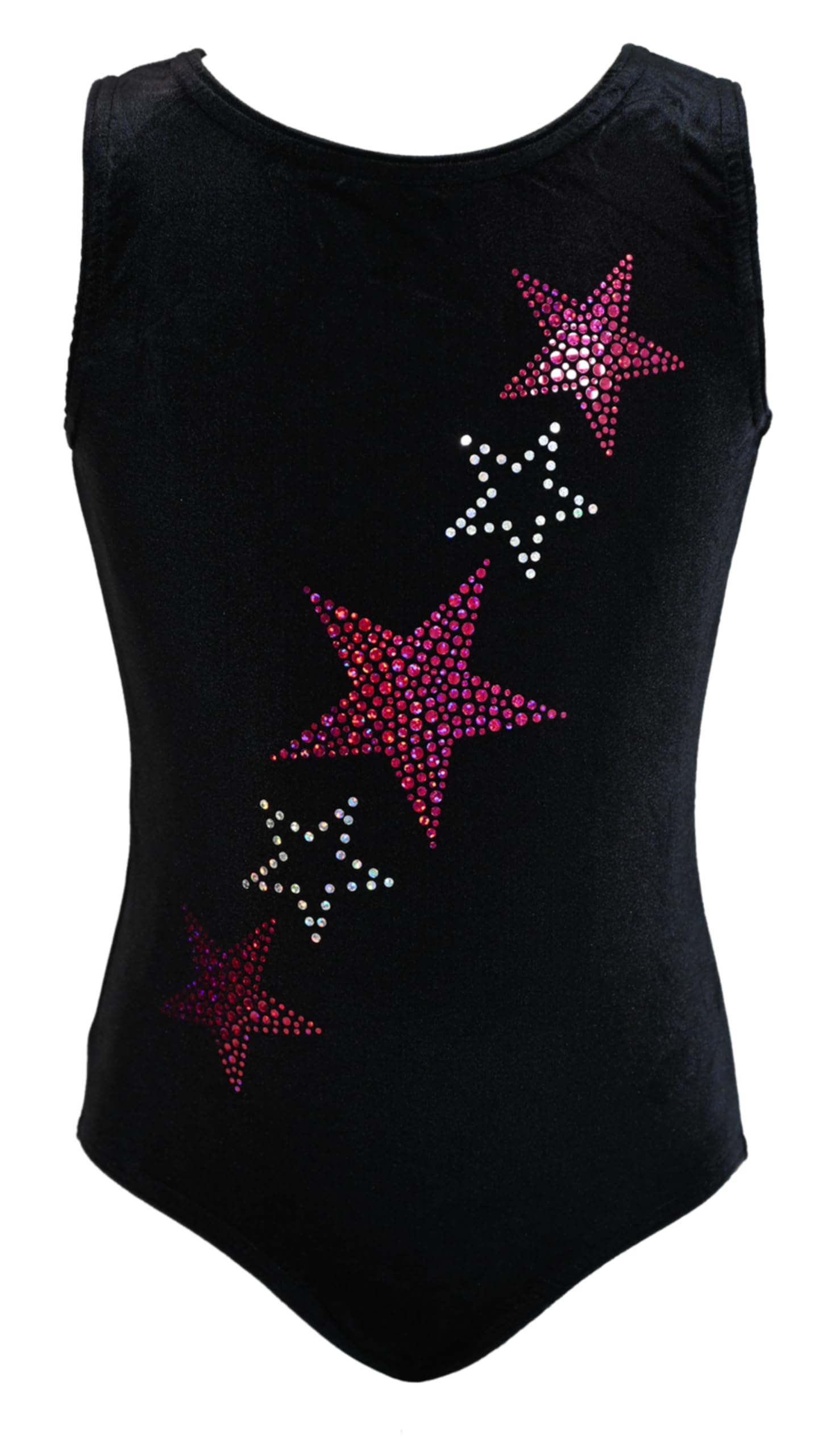 Turnanzug Sterne Nicki Samt & Strasssteine Mädchen Gymnastikanzug Kurzarm Kinder Turnbody kurzärmlich Schwarz/Pink Größe 152