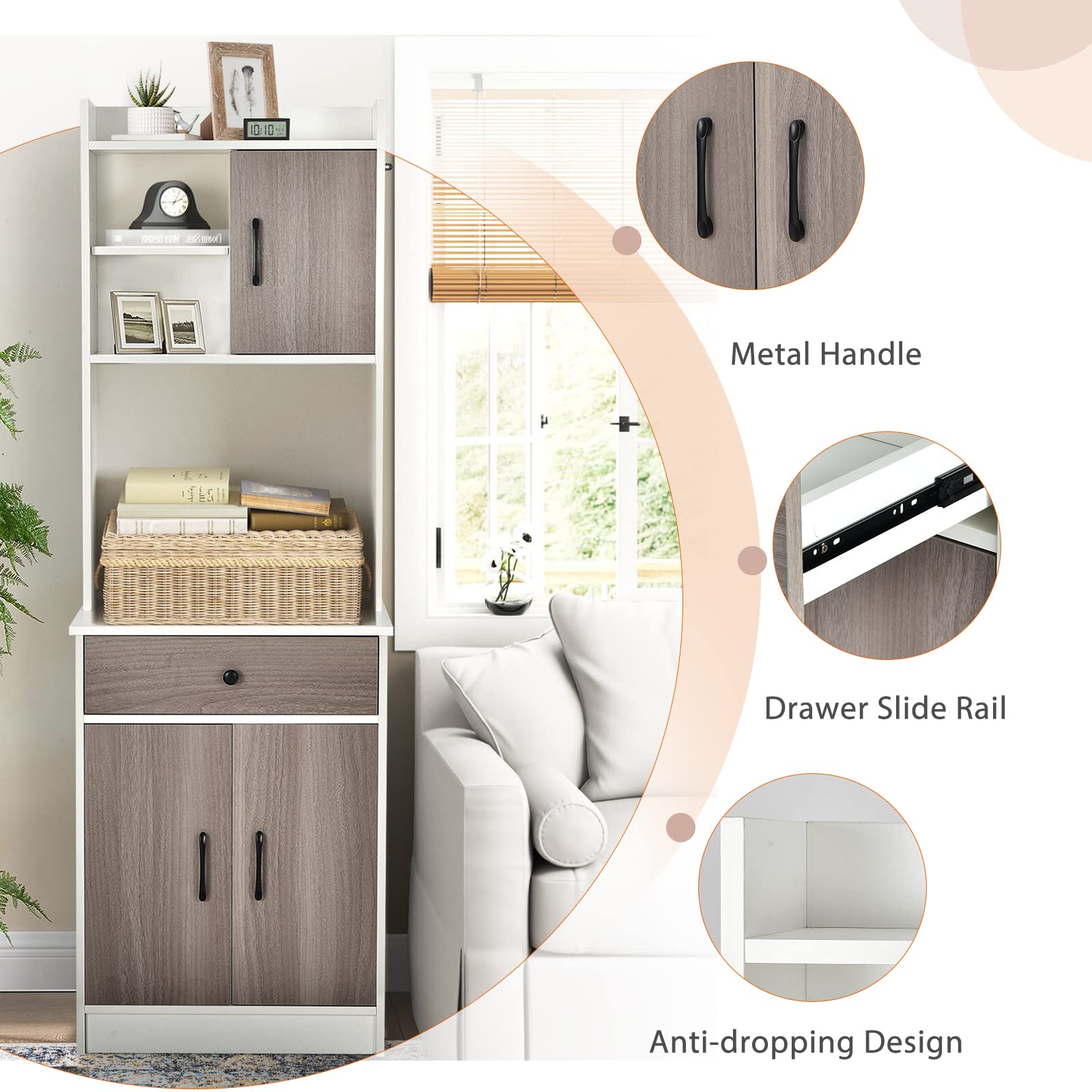 GIANTEX Armario de Cocina 180cm Alto, Aparador Buffet de Madera con Cajón y Estantes Ajustables, Armario de Almacenamiento con Puertas, con Bloqueo Antivuelco, 60x40x180 cm (Blanco)