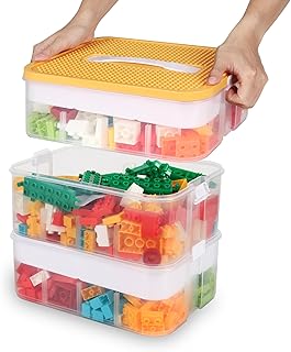 Kids Toy Organizer for Lego Stackable Storage Compartments Bins With Base Plates Lids 3 Tiers Clear Building Bricks Board Game Puzzle Boxes Plastic Craft Sorting Separator Travel Chest Case