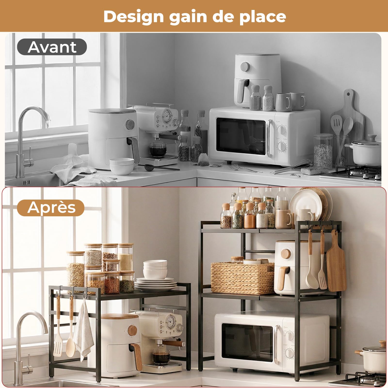 ALANNG Étagère Micro-ondes Réglable 38,7-65cm, 3 Niveaux Étagère de Cuisine sur Plan de Travail, 50kg Capacité Support Micro-ondes avec 6 Crochets, Métal Noir Stable