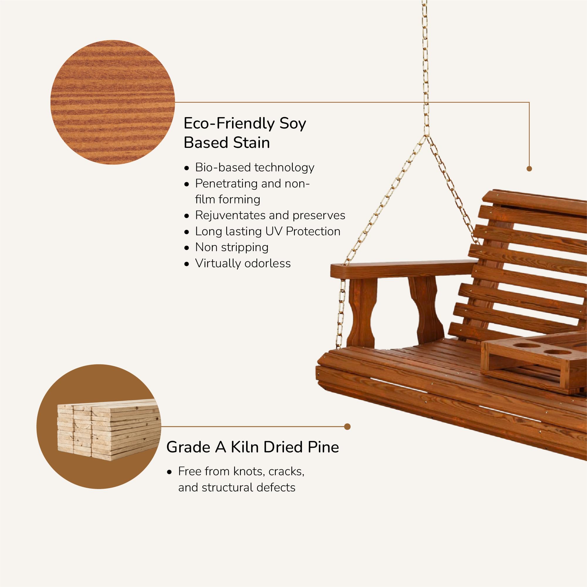 Porchgate Amish Heavy Duty Console Porch Swing with Fold Down Cup Holders in Cedar Stain - Amish Made in The USA from Treated Pine Hanging Chains Included product thumbnail 5
