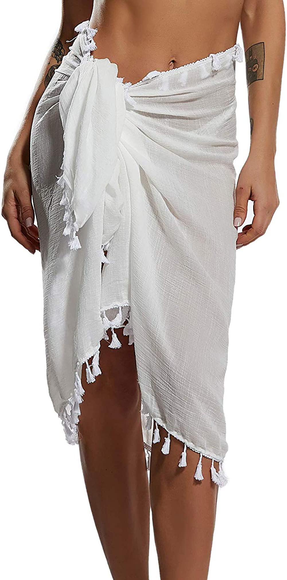 YULOONG Faldas Cruzadas de Playa para Mujer Delantal Corto con Flecos Sarong Traje de baño de Gasa Cubiertas Sexy Bikini Wrap