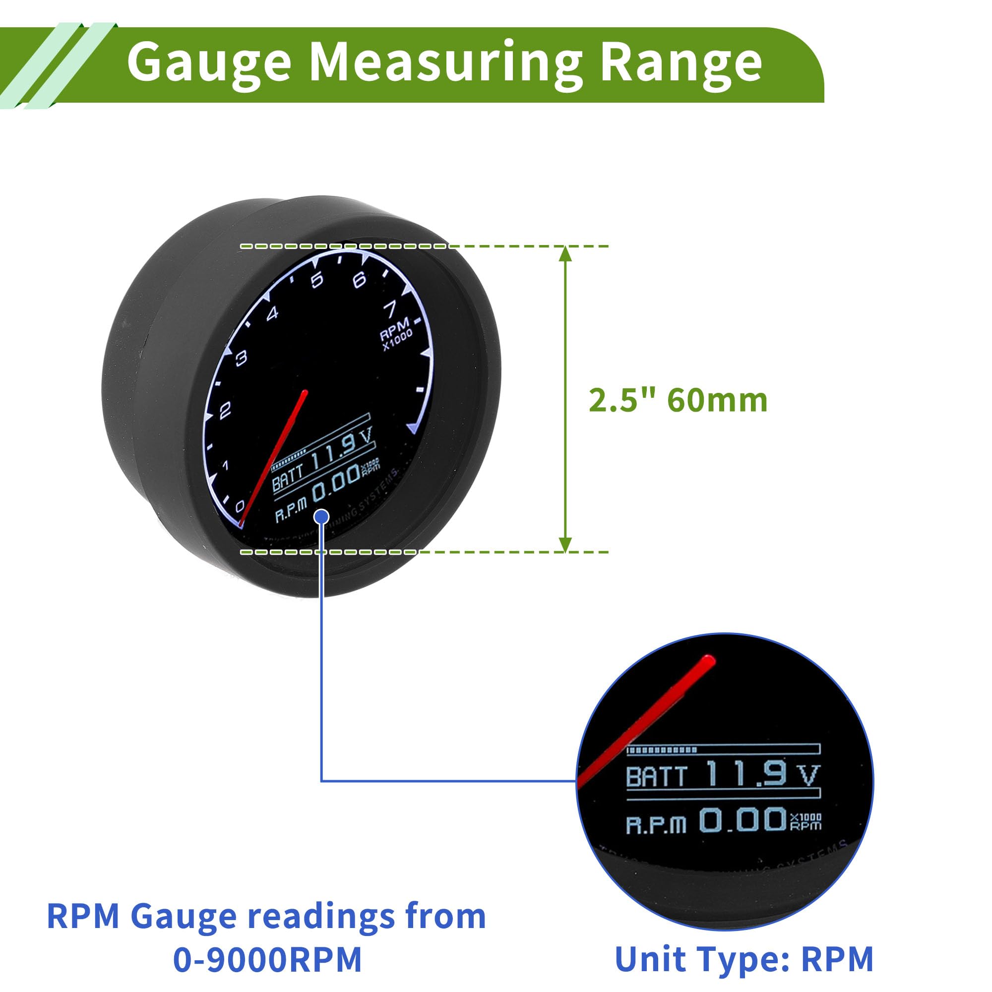 Contagiri 60mm Universale 0-9000RPM Con Sensore 1 Pz