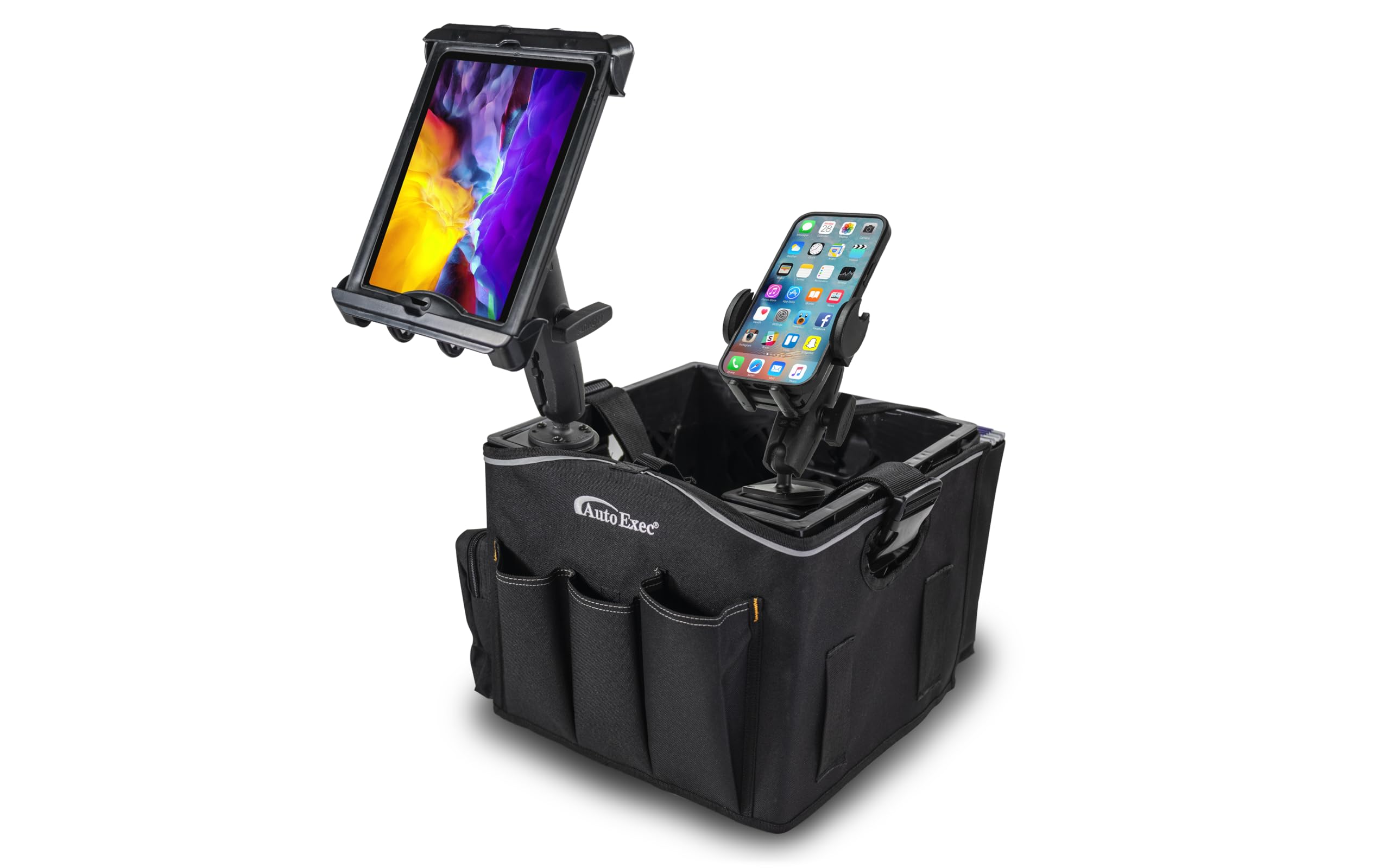 AutoExec Milkcrate Vehicle and Mobile Office Work Station with Apron Organizer, Phone Mount, Tablet Mount and 400 watt Power Inverter