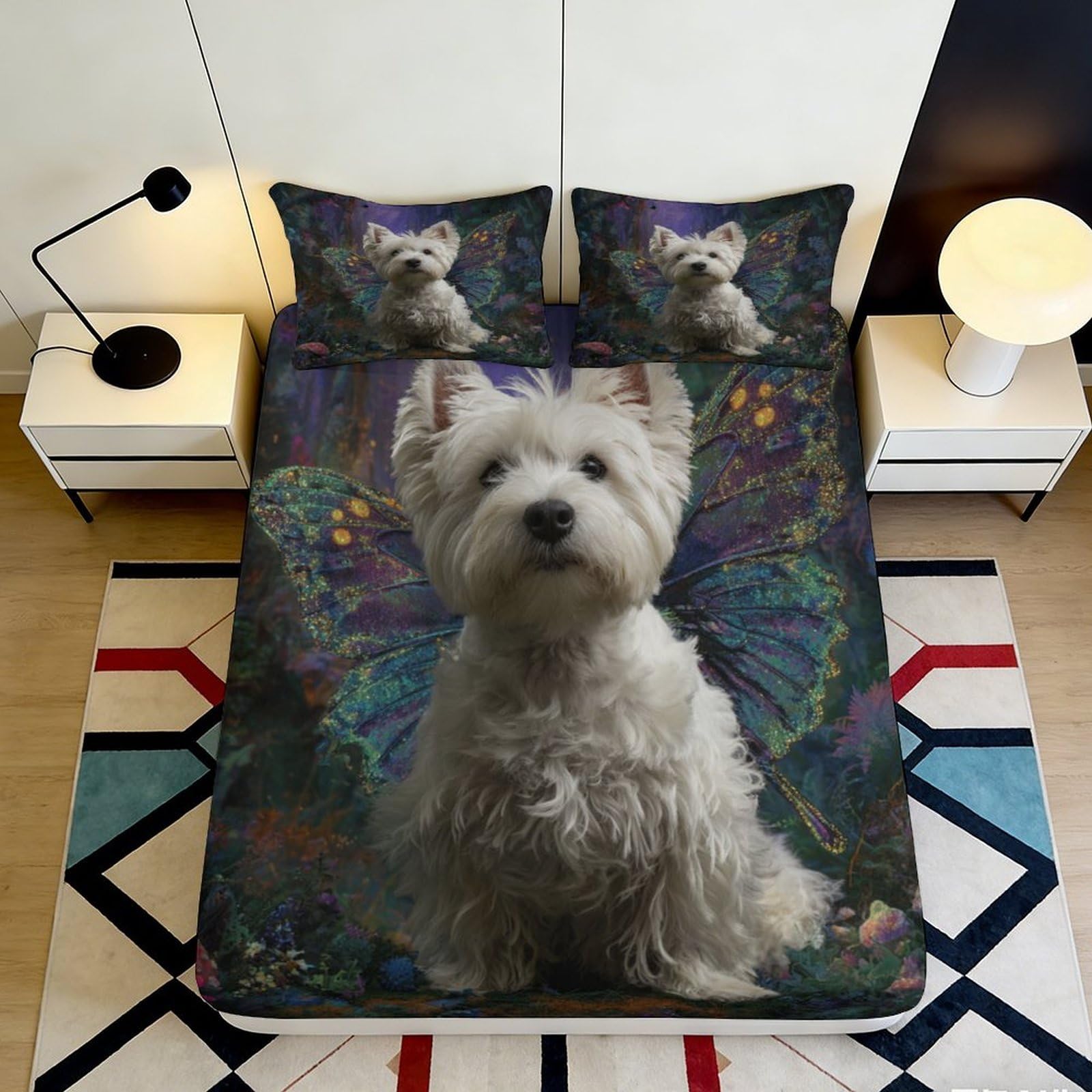 Jqzkxnhpbr Style-10 3D Printed White Dog Butterfly Fitted Sheet Microfiber Soft Anti-Slip Animal Pattern Bed Cover For Bedroom Guestroom 90X200x25cm