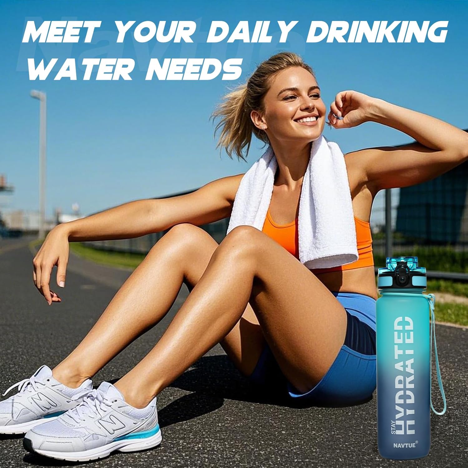 Water Bottle, 32 oz Sports Water Bottles with Time Marker Wide Mouth, Motivational and Leakproof Drink Bottle, BPA Free Tritan with Carry Strap for Gym Fitness Outdoor(1 Bottle) - Image 6