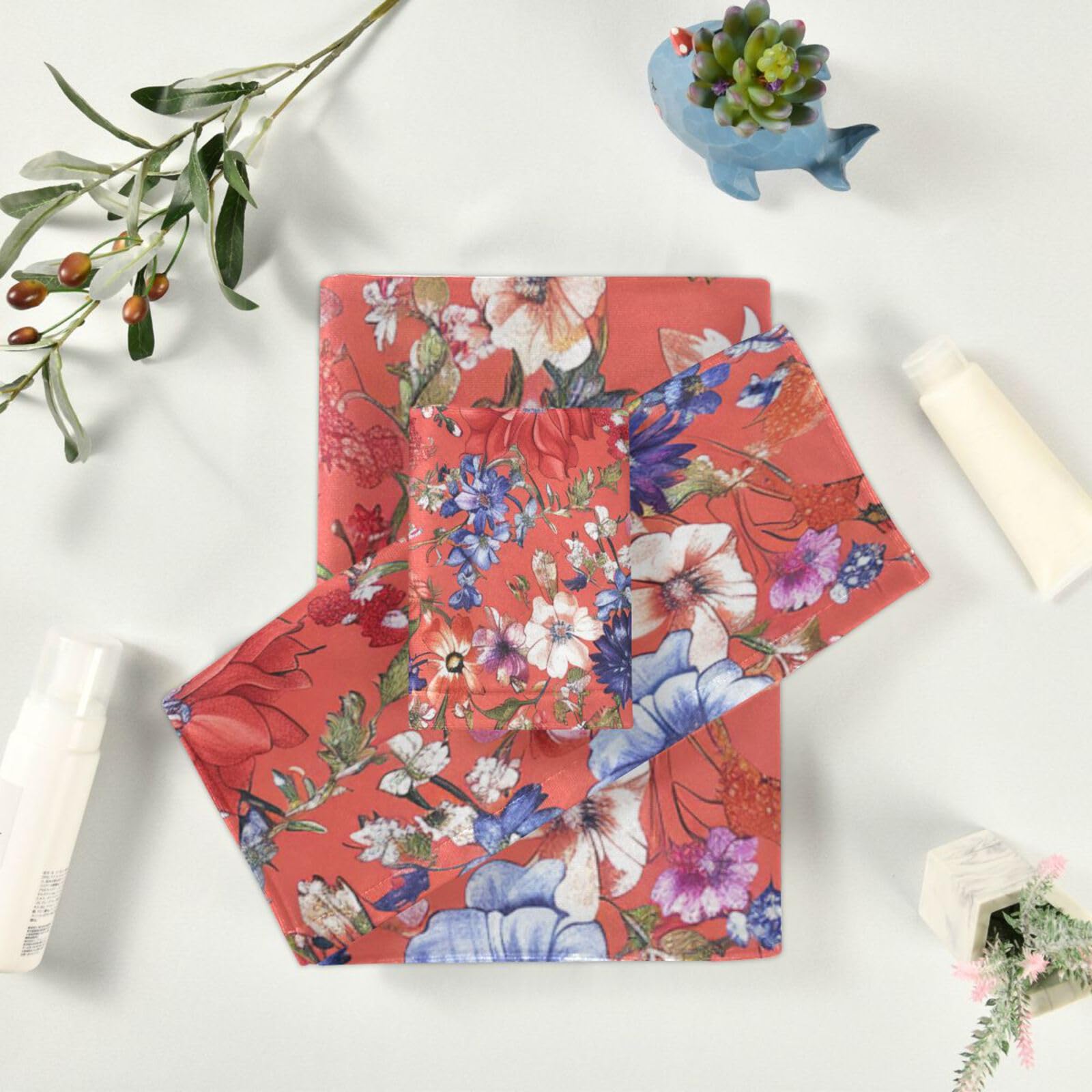 Styl boho kwiat kwiatowy czerwony mikrofibra ręczniki do twarzy zestaw 3 sztuk, 1 ręcznik kąpielowy 1 ręcznik do rąk 1 myjka do twarzy ciała łazienka