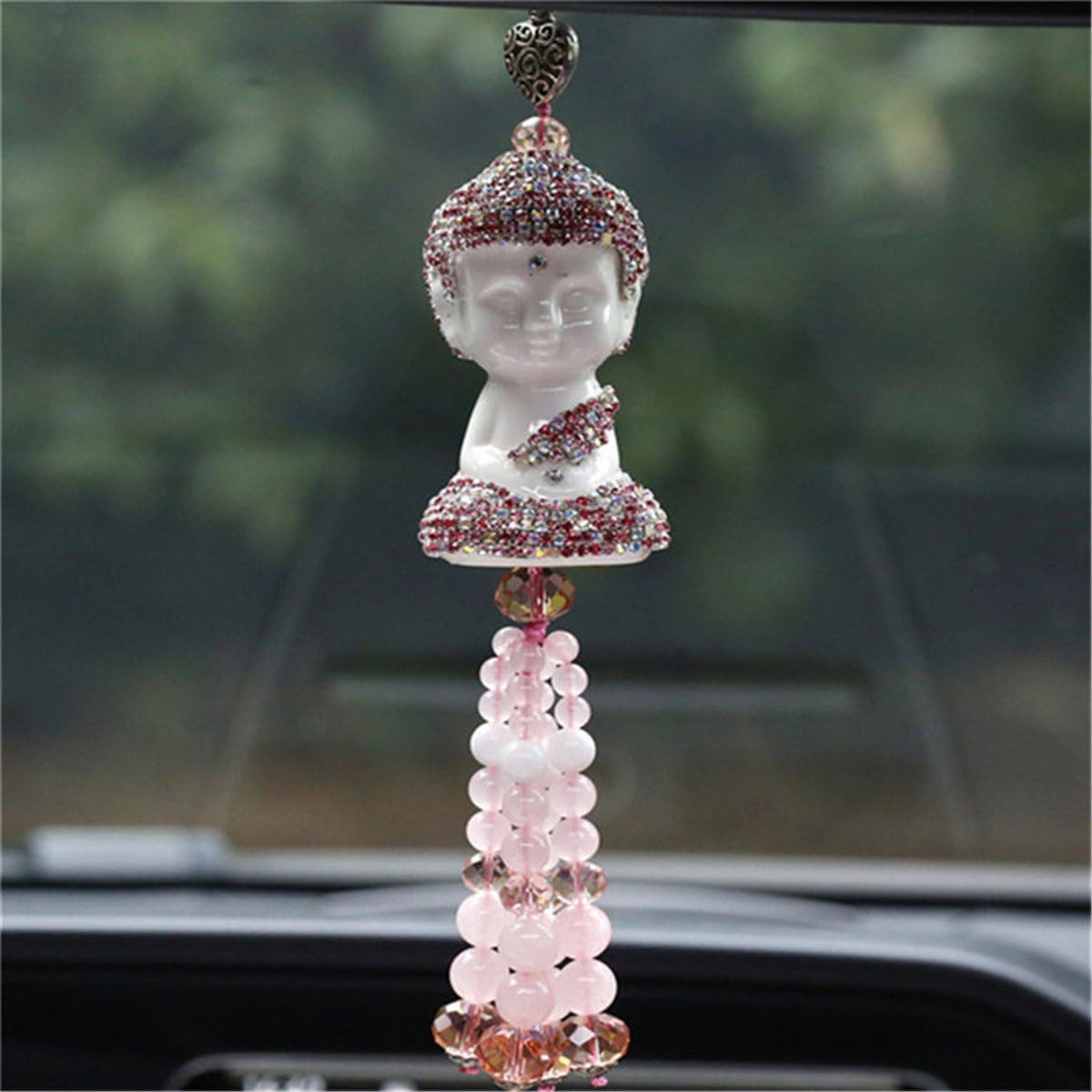 Tathagata Buddha Car Pendant White Porcelain Decor Lucky Safety Hanging Ornament Gift Rear View Mirror Accessories Auto Interior Dangle (Gold)