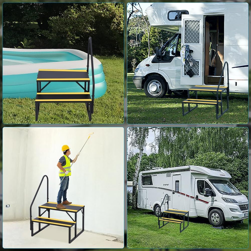 Escalier extérieurérieur Robuste pour Camping-Car – 2 marches antidérapantes avec Main Courante surélevée – Acier Pliant Portable, idéal Caravane, Spa, Piscine – Sécurité renforcée, Noir et