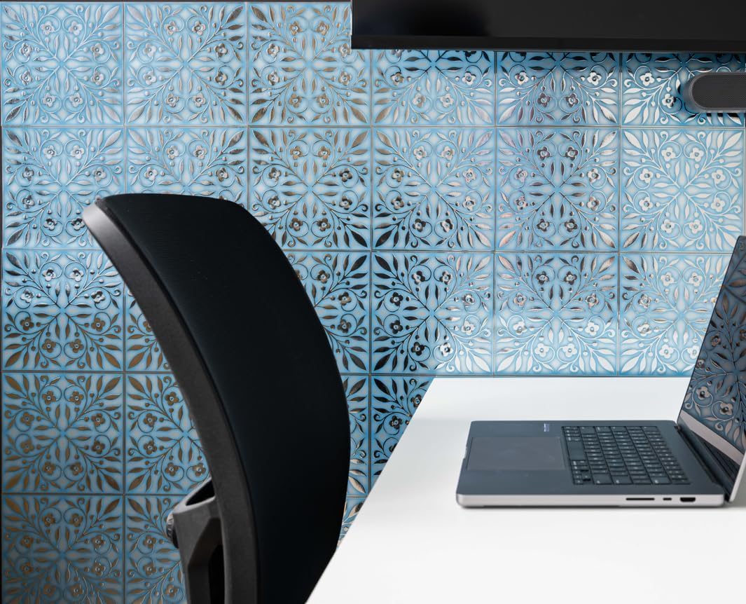 Main Street 24-Pack of 8 x 8" Wallpaper Tiles Peel and Sitck in Blue and Silver Leaves Design for Kitchen Backsplash, Renter Friendly, Paper Wall Tiles for Your Home and DIY Projects