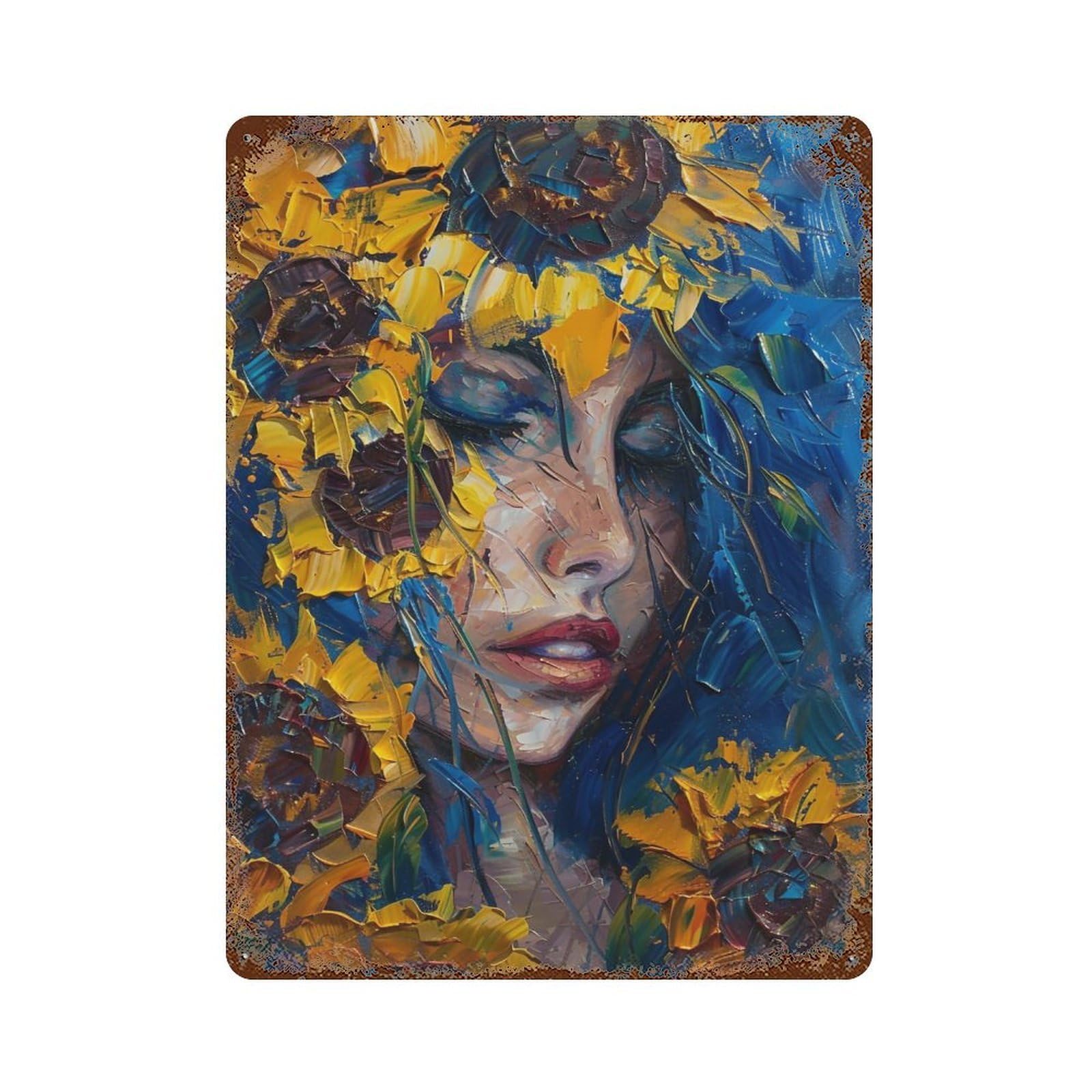 YHGERTKU Blue Hair Woman with Sunflowers Impasto 03 Wall Art Retro Iron Vintage Metal Tin Sign Poster Modern Decor for Living Rooms Gift 40x30cm
