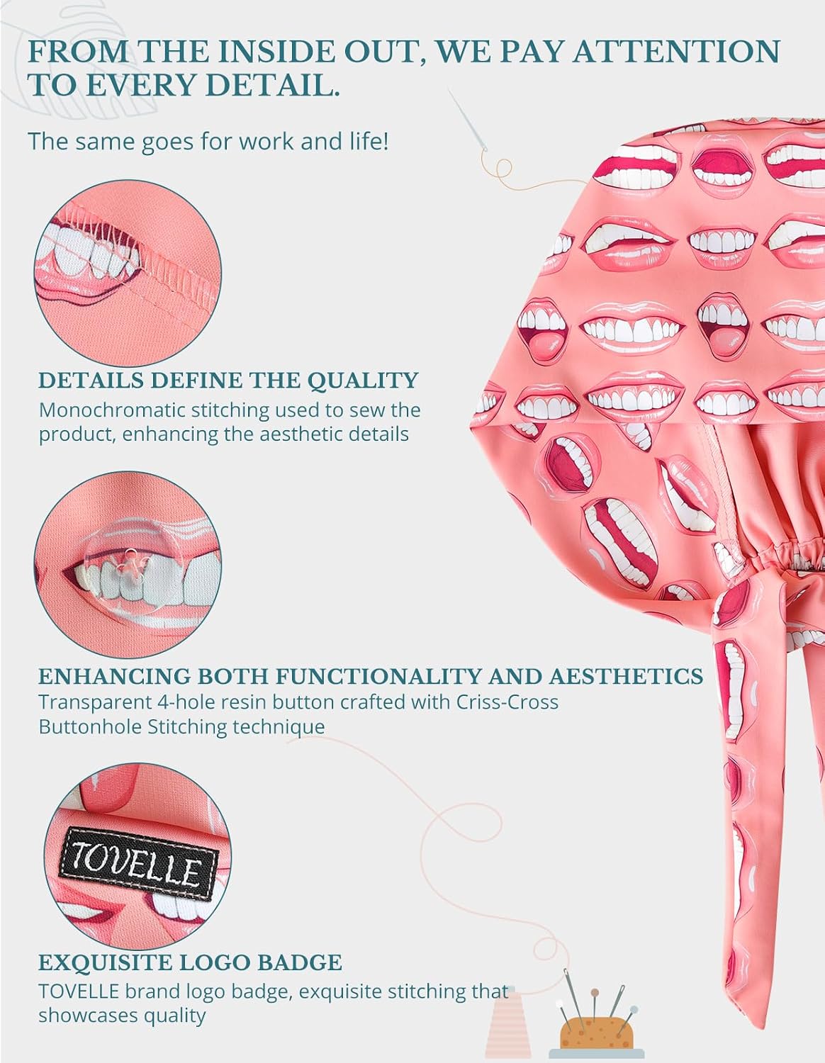 Teeth Double-Sided Printed Scrub Caps for Men and Women with Buttons, Adjustable Helps Reduce Static Buildup Medical Hats, Breathable Surgical Caps with Sweatband for Long Hours
