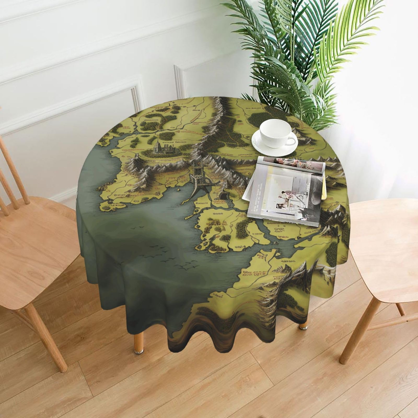 FodPand Middle Earth Map Tablecloths for Round Tables 60 Inch - Reusable Washable Dining Table Clothes - Stain and Wrinkle Resistant Decorative Fabric Table Cover for Wedding Party