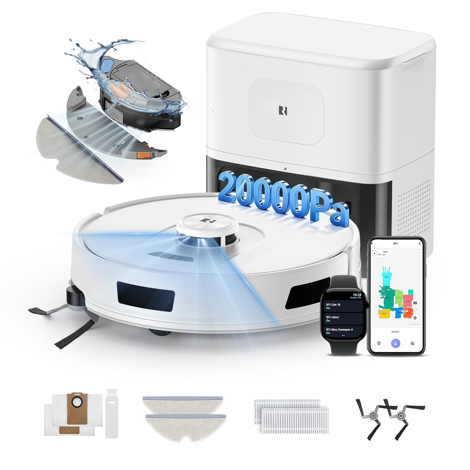 R11 Robot Aspirapolvere Lavapavimenti con Mappatura, 20000Pa, Stazione di Autosvuotamento 120 Giorni, Navigazione Lidar, WiFi APP 5G/2.4G, Aspirapolvere Robot Autocaricante, per Tappeti/Pavimenti/Peli
