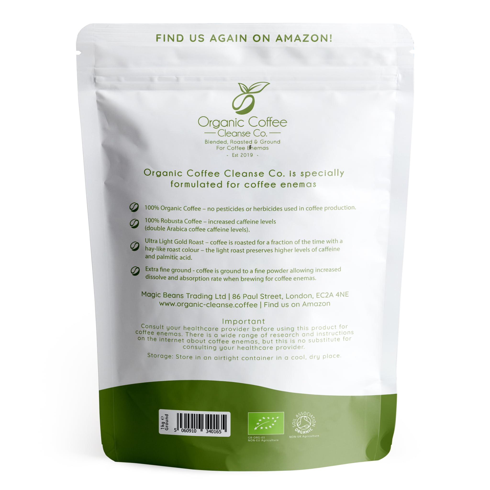 Enema Coffee 1kg, Clistere di caffè, miscelato, 100% robusta e 100% biologico, Caffè Macinato