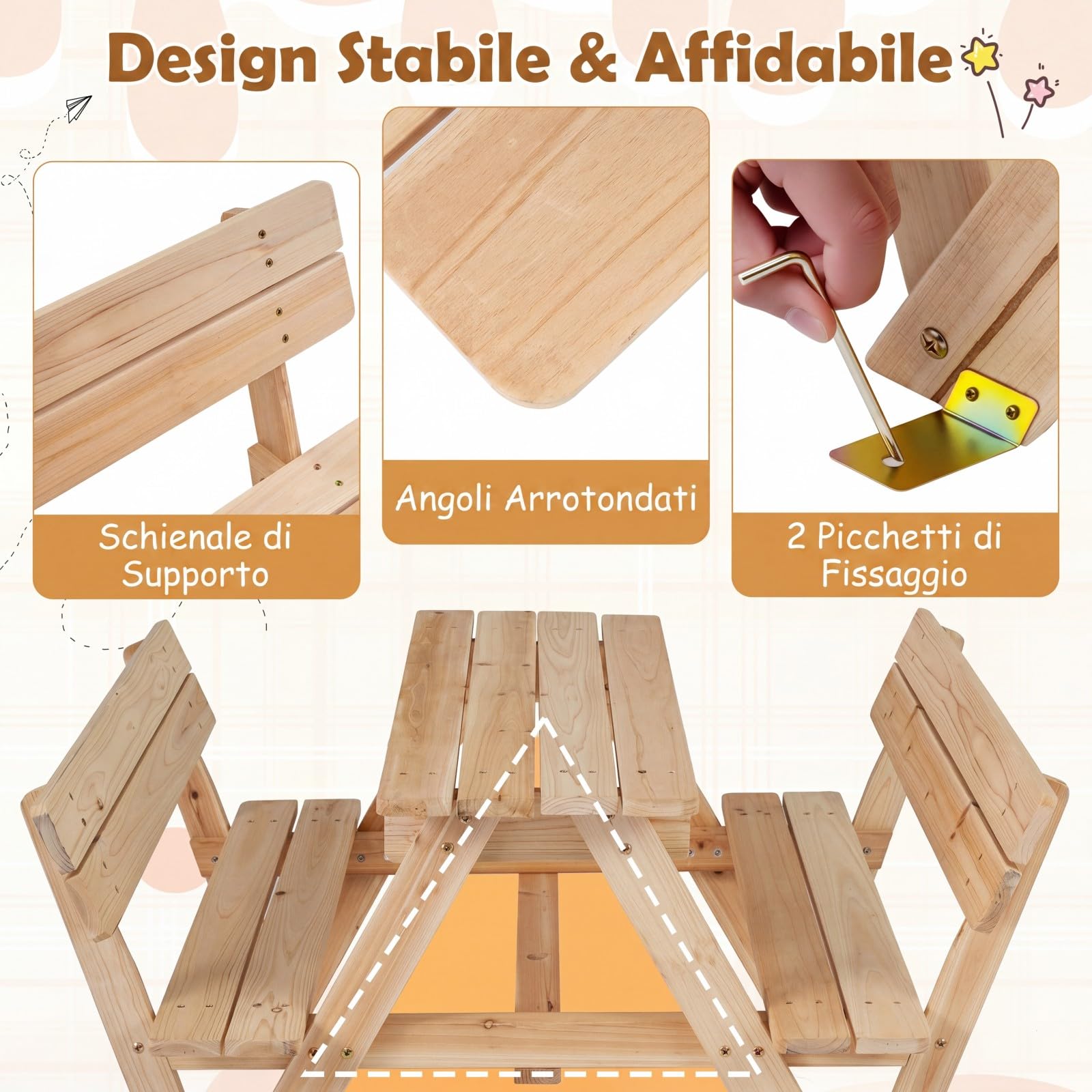 COSTWAY Tavolo da Picnic per Bambini, Set Tavolo e Panche da Giardino con Ombrellone Regolabile in Altezza e Struttura in Legno Massello per Campeggio e Picnic per Bambini 3-8 Anni