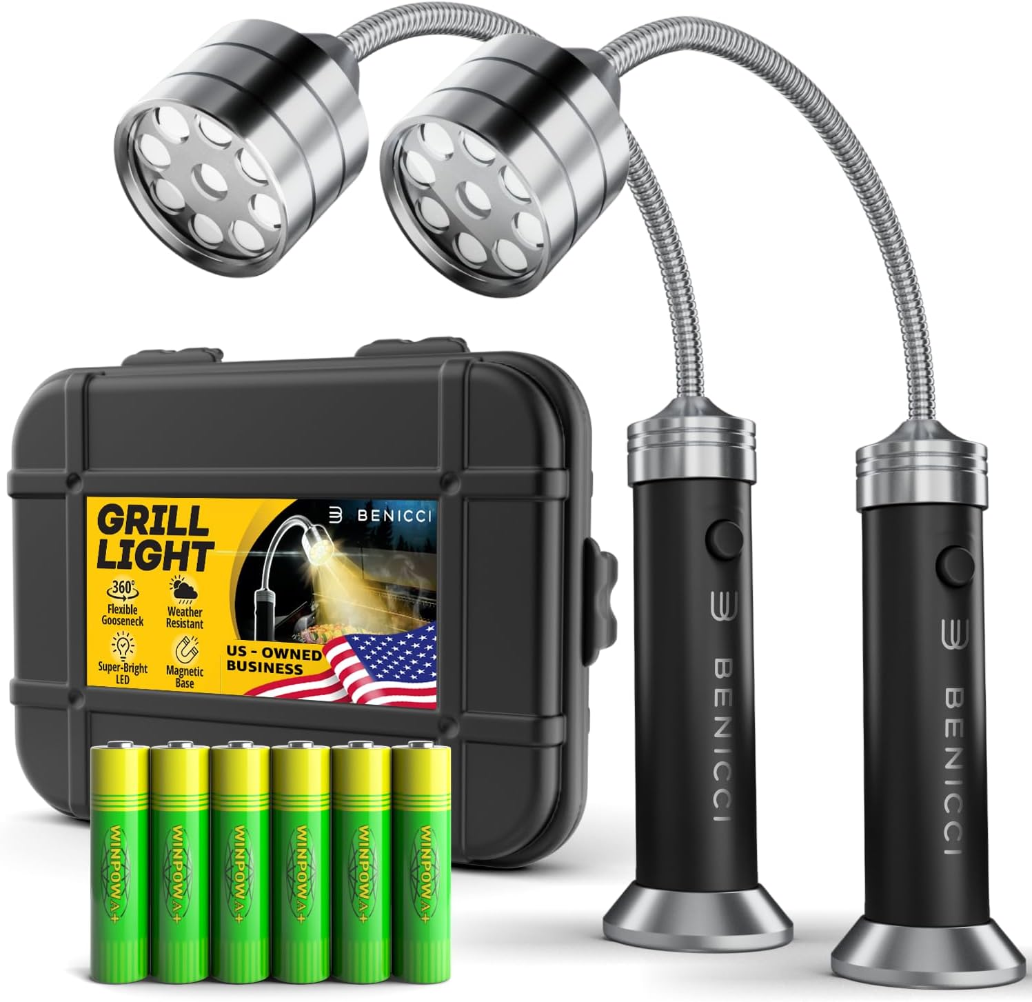 Flexible LED BBQ Grill Lights Set of 2 - The Perfect Grilling Accessories Light with 360-Degree Magnetic Base and Gooseneck - 100% Portable Weatherproof Outdoor Lamp w/ 6 Batteries Included