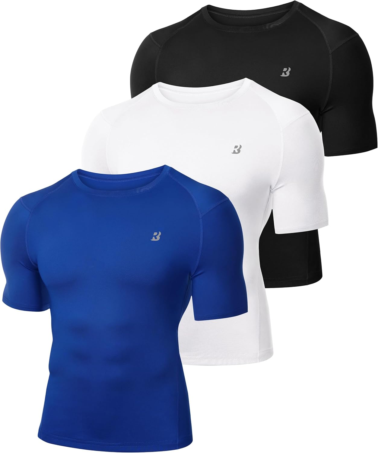 Roadbox 3 Pack Mens Compression Shirt Short Sleeve, Athletic Football Running Base Layer Cool Dry T Shirts for Sports Workout