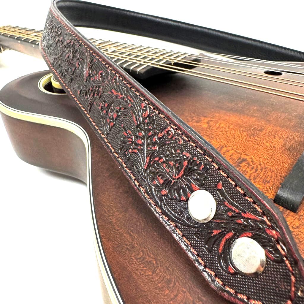 Walker And Williams M-21-RD Mahogany Red Leather Premium Padded Mandolin Strap With Sheridan Design, For Mandola, Bouzouki or Ukulele. For F And A Type Mandolins