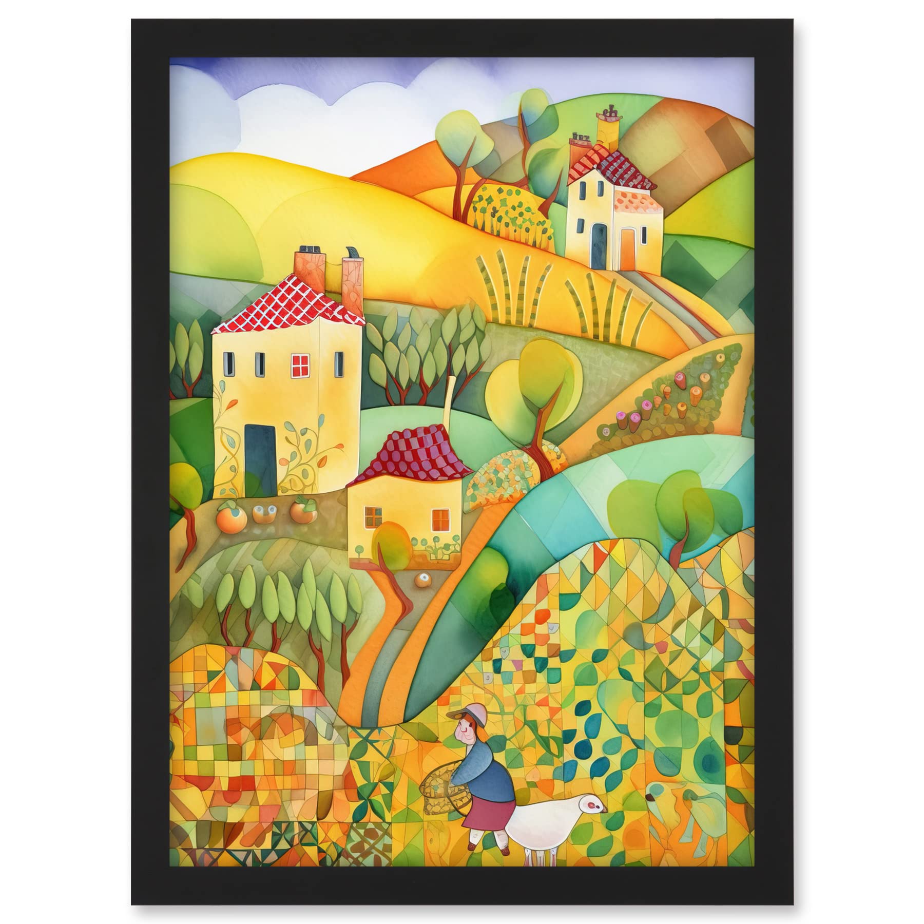 Artery8 Countryside Farming Folk Art Watercolour Painting Artwork Framed A3 Wall Art Print