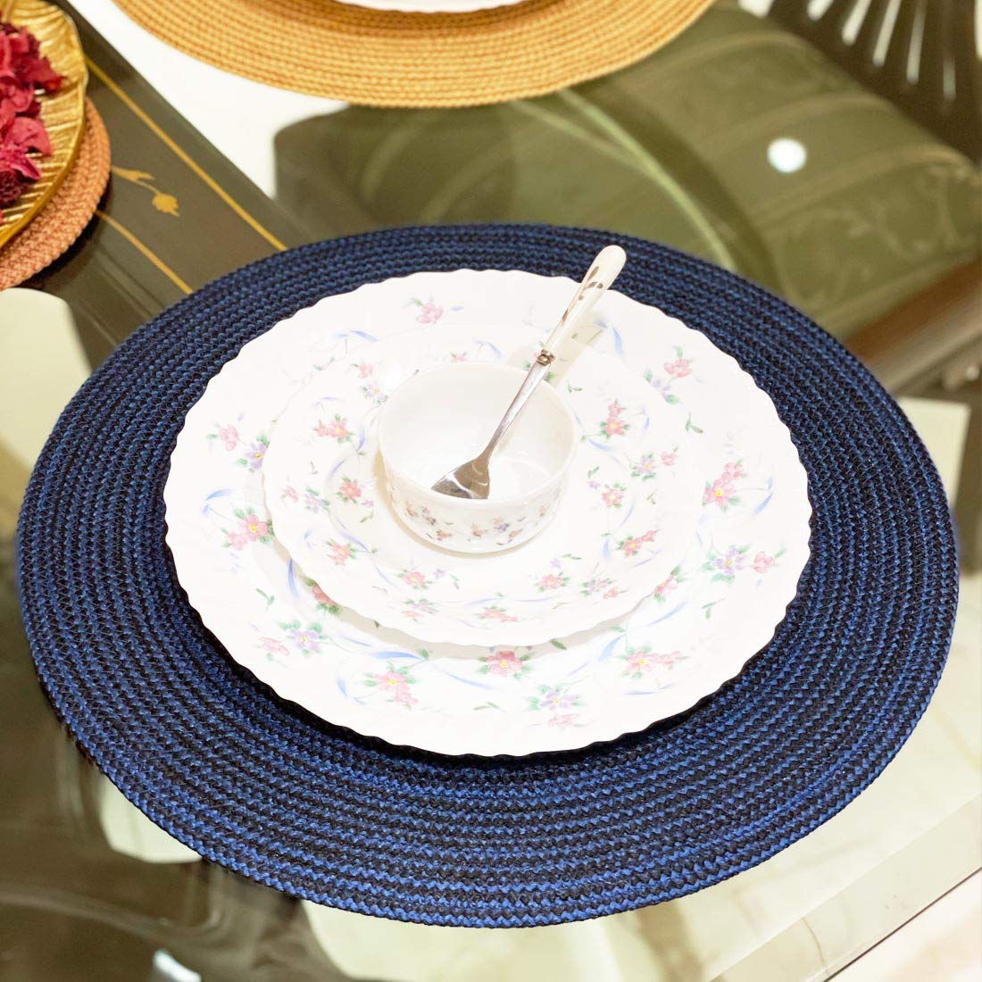 SAPROSE® Polypropylene Multipurpose Braided Round Table Mat (1 PC Pack, 40 cm), Dinning Place mats, Side Table Mat, Doilies, Machine Washable Large Mat for Dining Table (15.5" Dia, Blue-Black) 1