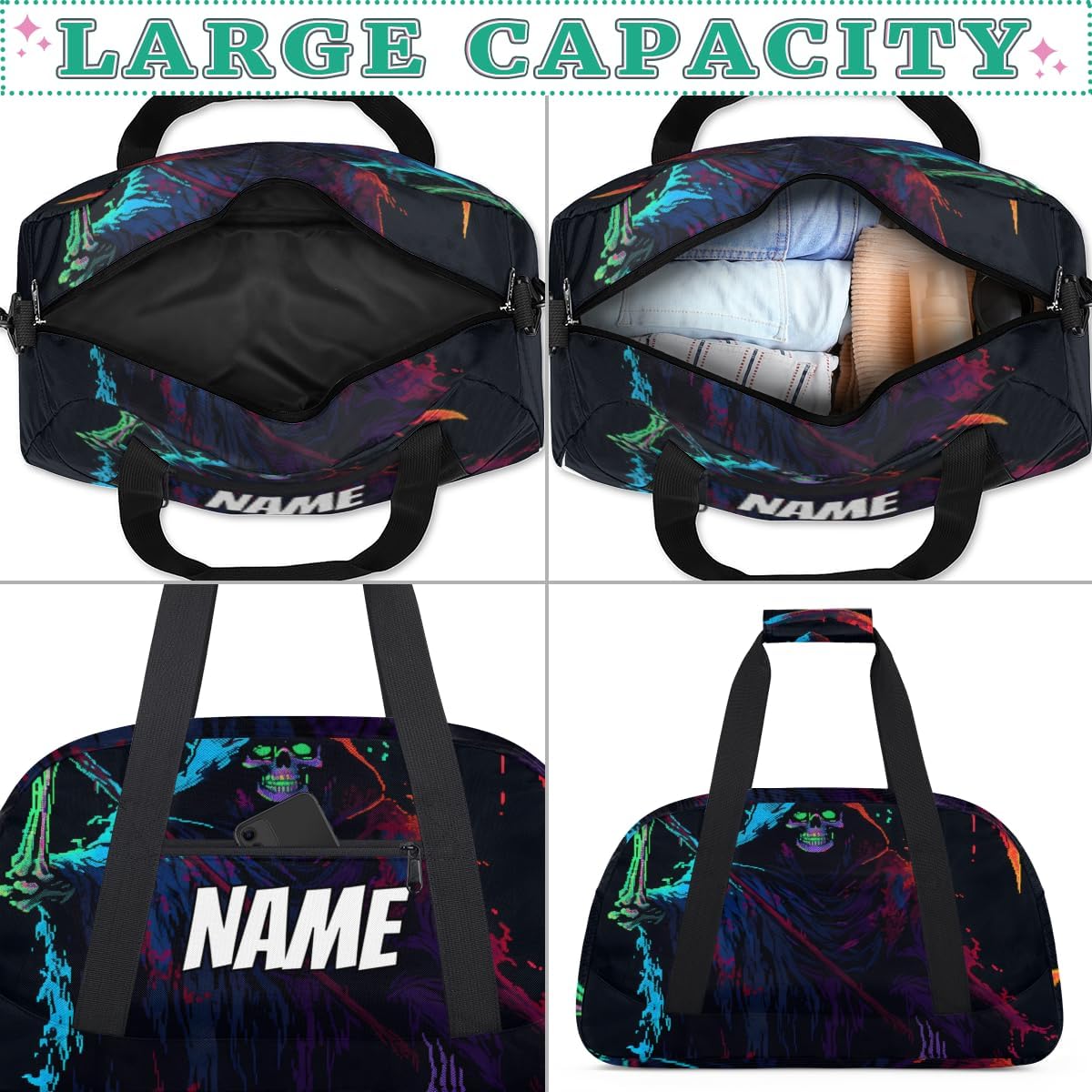 Custom Easter Skeleton Duffel Bag for Women Men, Personalized Sickle Ghost Sport Gym Duffel Bag with Name Travel Weekender Overnight Bags
