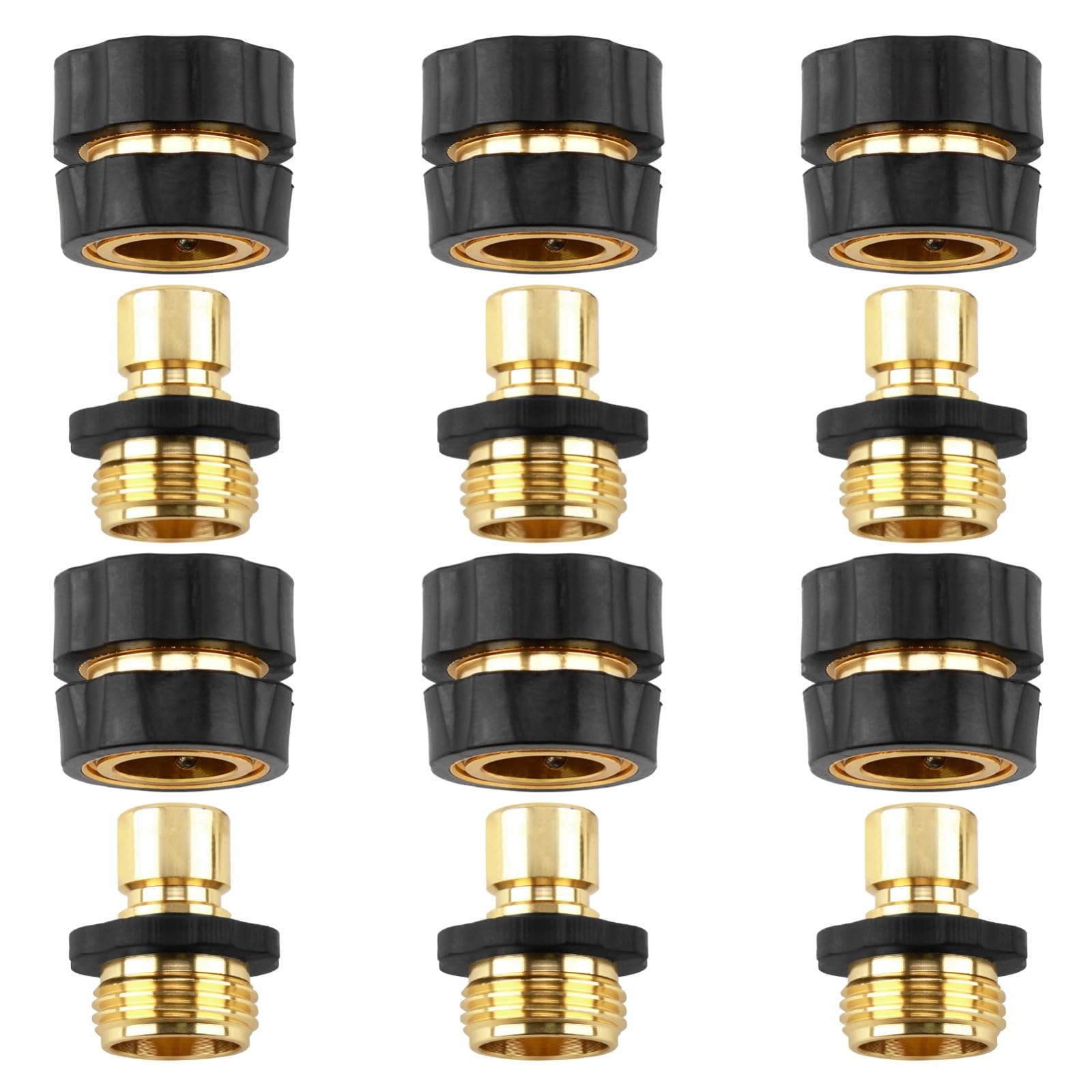 3/4 Inch Garden Hose Fitting Quick Connector Male and Female Set, Aluminum Quick Connect Hose Fittings with Rubberized Grips, Water Hose Connector for Garden (6 Sets)