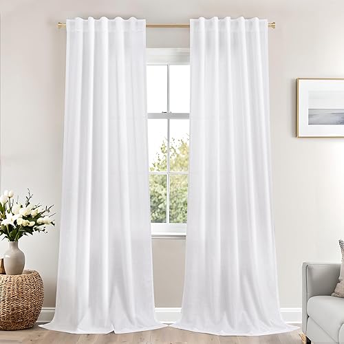 Miniatura 76 de Mrs.Naturall Cortinas transparentes verde esmeralda oscuro, cortinas de lino verde bosque para sala de estar, 63 pulgadas de largo, cortinas verdes