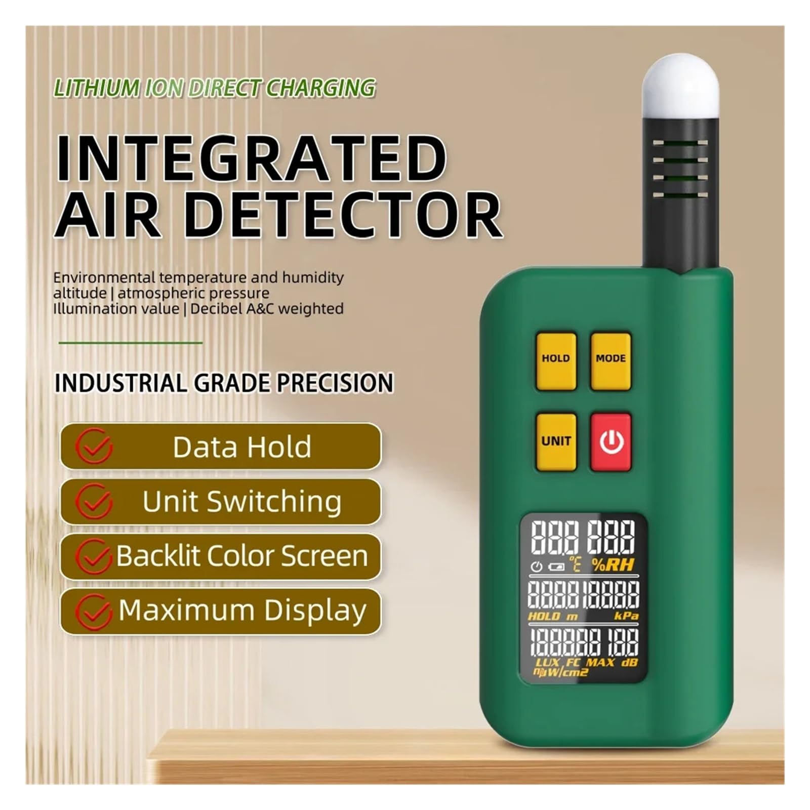 Medidor de temperatura ambiente, humedad, luz, ruido y altitud, medidor iluminancia barómetro digital,En tiempo real