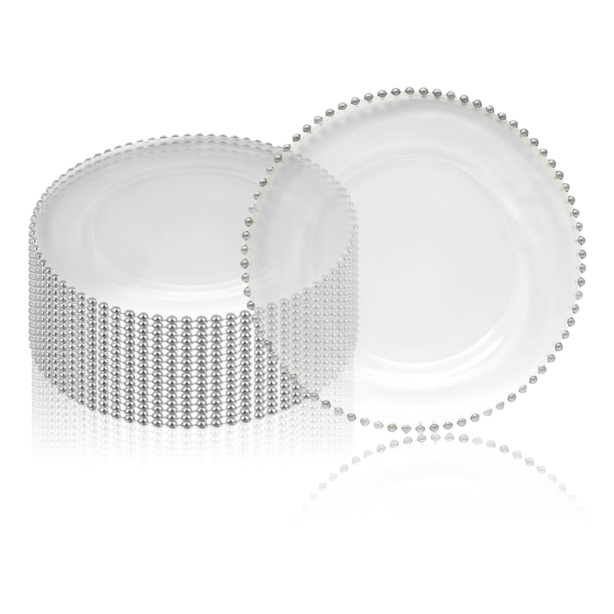 Trimming Shop Dekoracyjne talerze do ładowania srebrne koraliki szklane talerze do dekoracji stołu obiadowego, wesela, urodziny, imprezy, zastawy stołowej, wydarzeń gastronomicznych, 33 cm,
