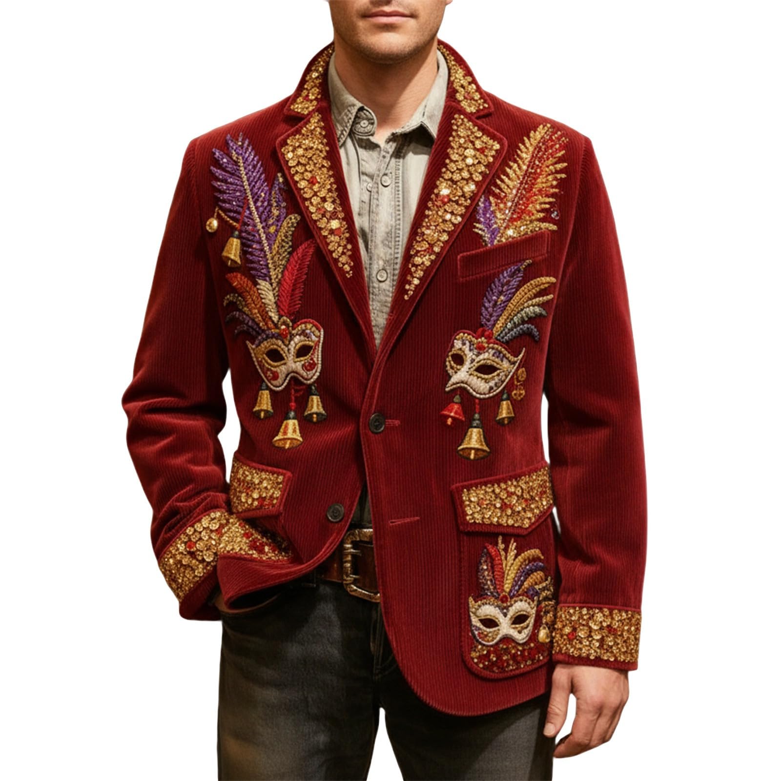 Mardi Gras Jacket Mens Holiday Blazer Outfits Plus Size Suit Sequin Top Accessories Costume Corduroy Cardigan Apparel, Z-23-Red, 3XL